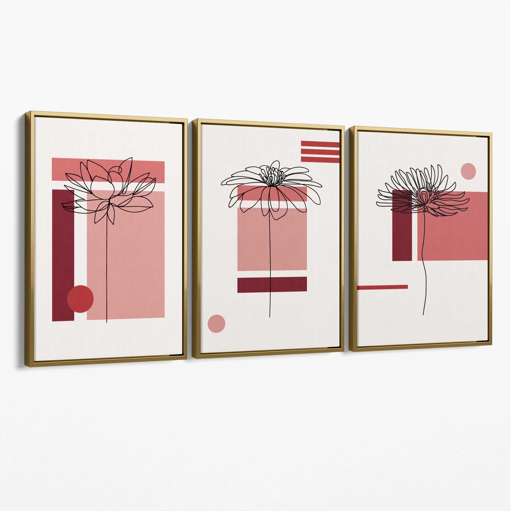 Set of 3 Sketch Flowers with Red Shades Geometric  Canvas Art Prints with Gold Float Frame