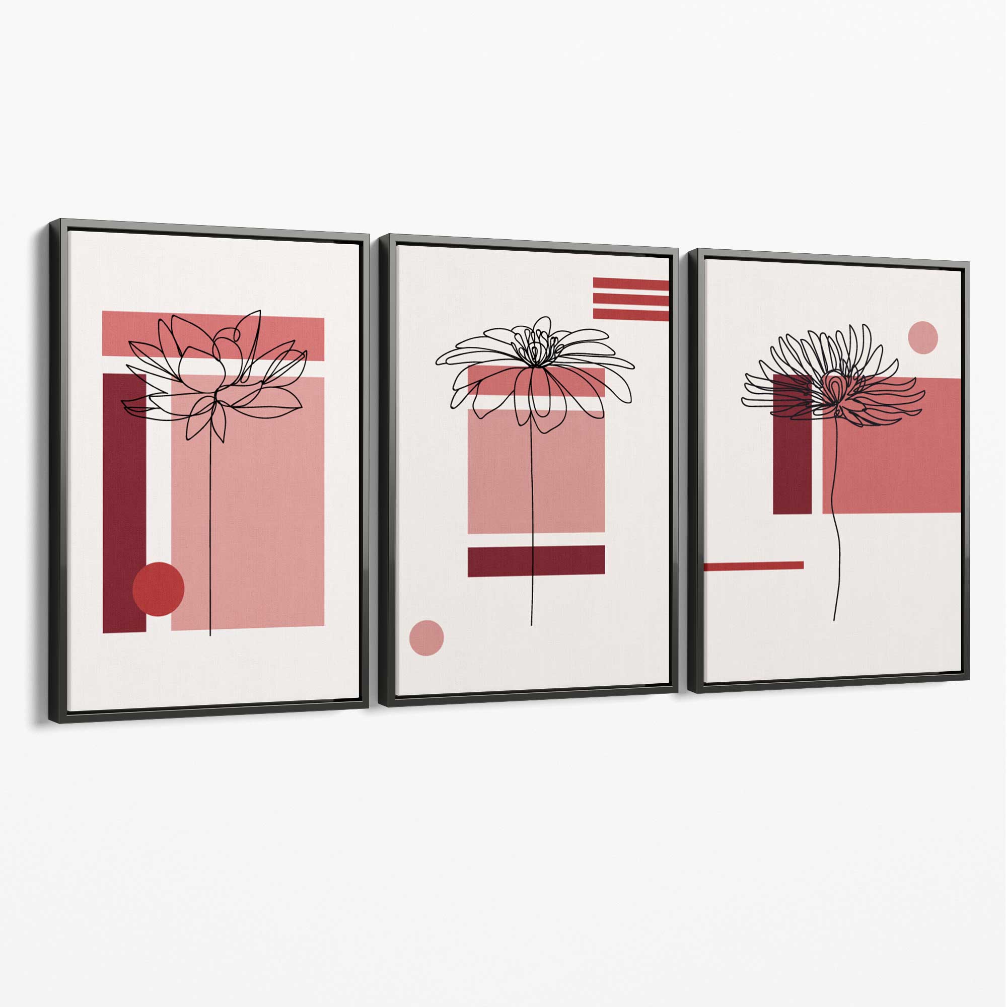 Set of 3 Sketch Flowers with Red Shades Geometric  Canvas Art Prints with Grey Float Frame