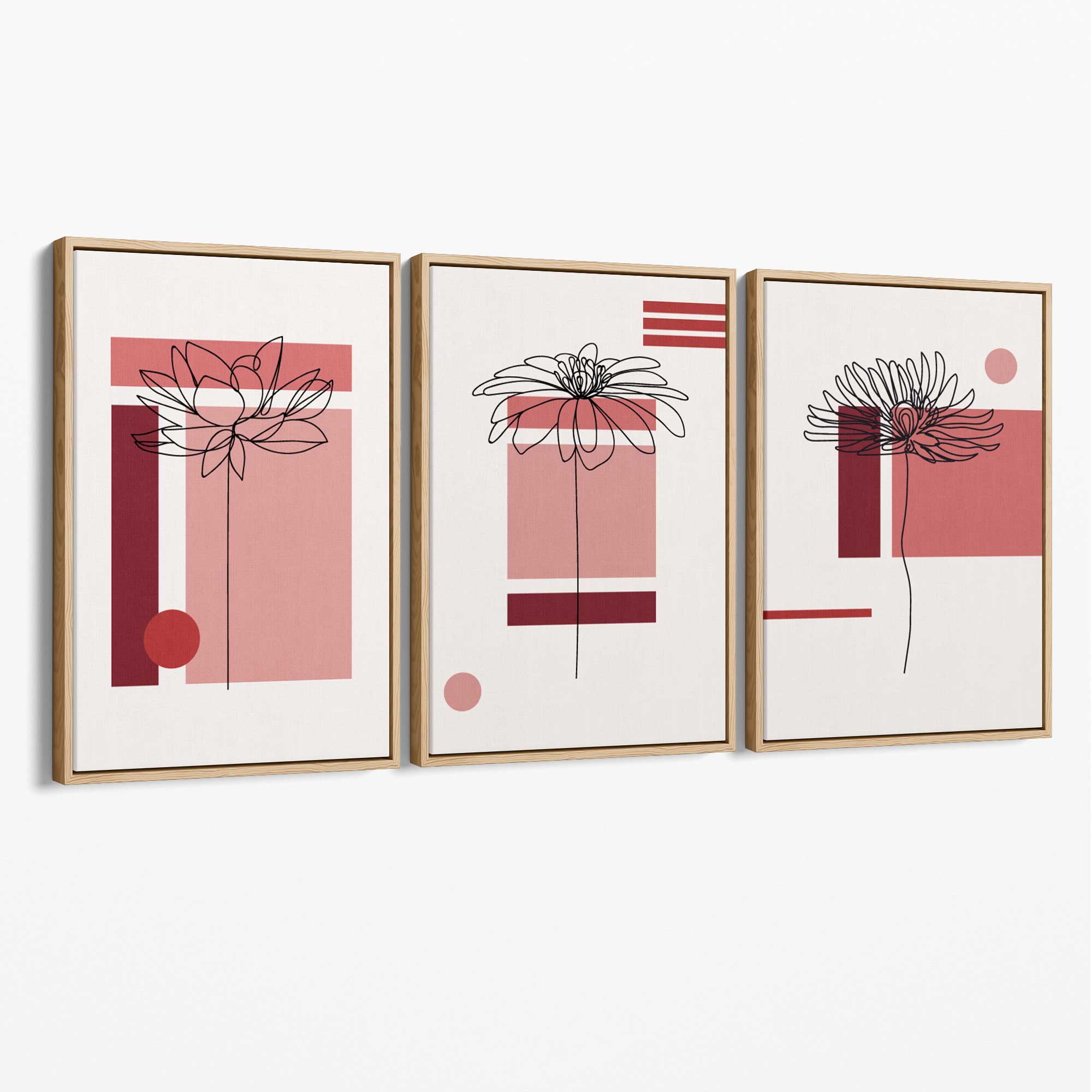 Set of 3 Sketch Flowers with Red Shades Geometric  Canvas Art Prints with Oak Float Frame