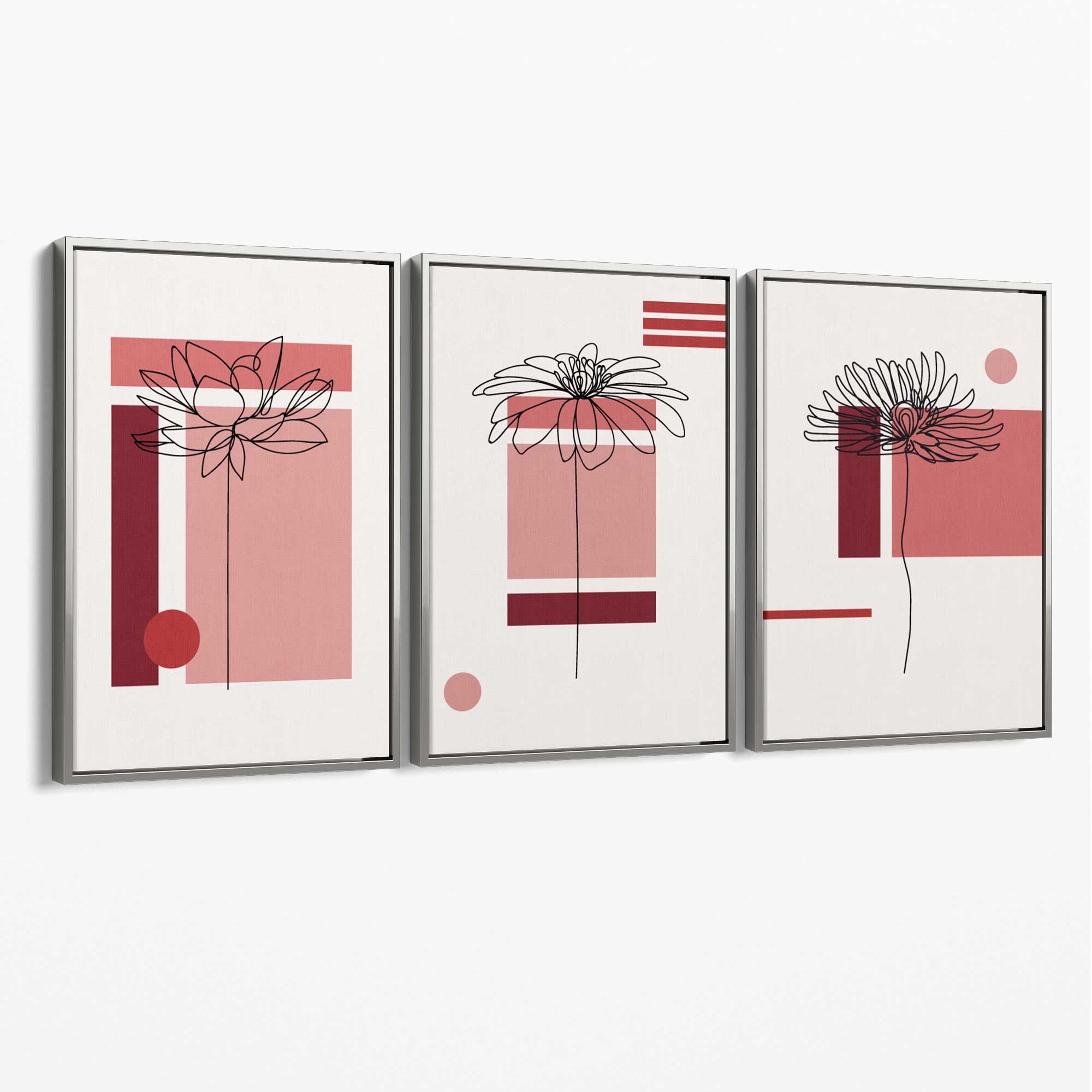Set of 3 Sketch Flowers with Red Shades Geometric  Canvas Art Prints with Silver Float Frame