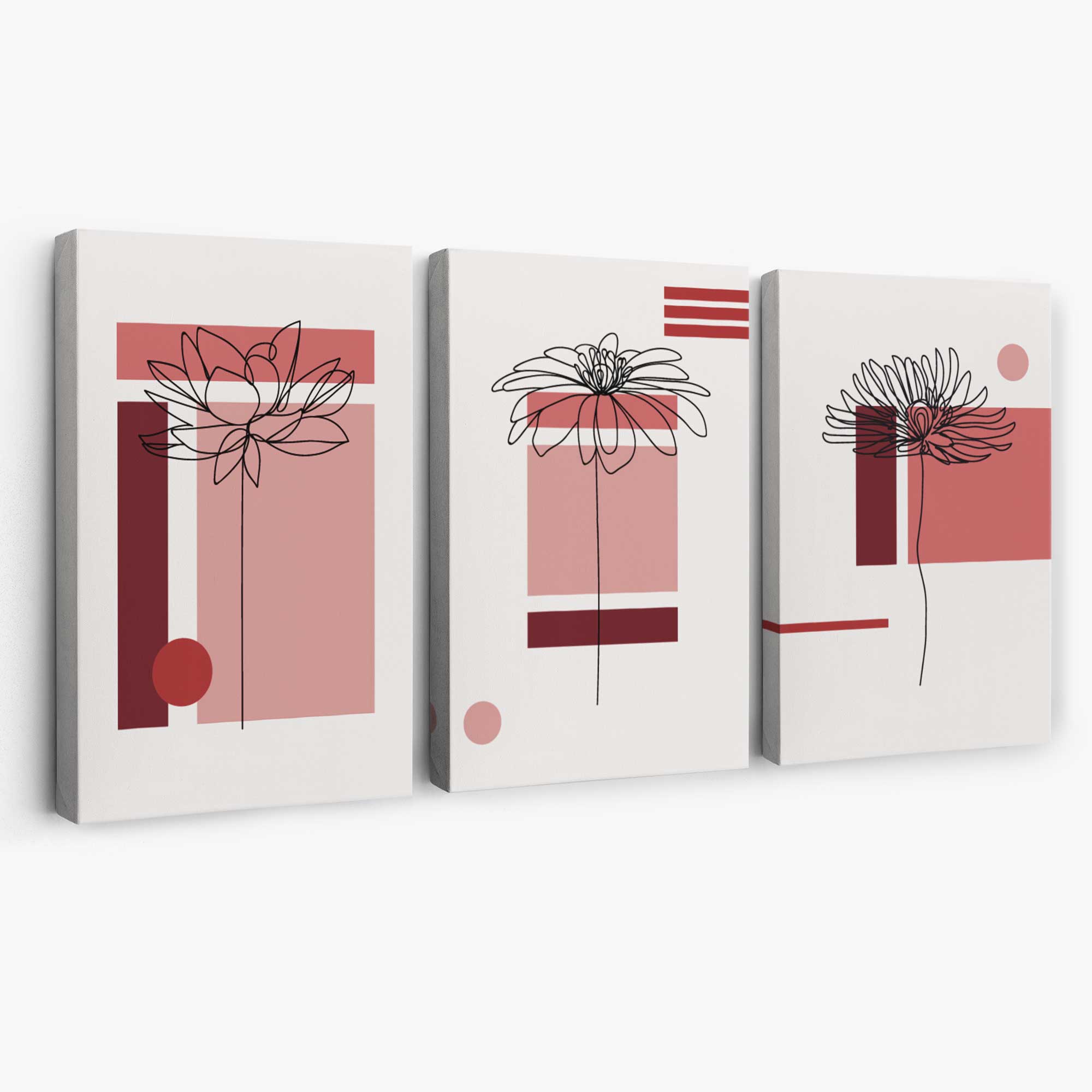 Set of 3 Sketch Flowers with Red Shades Geometric  Canvas Art Prints | Artze Wall Art