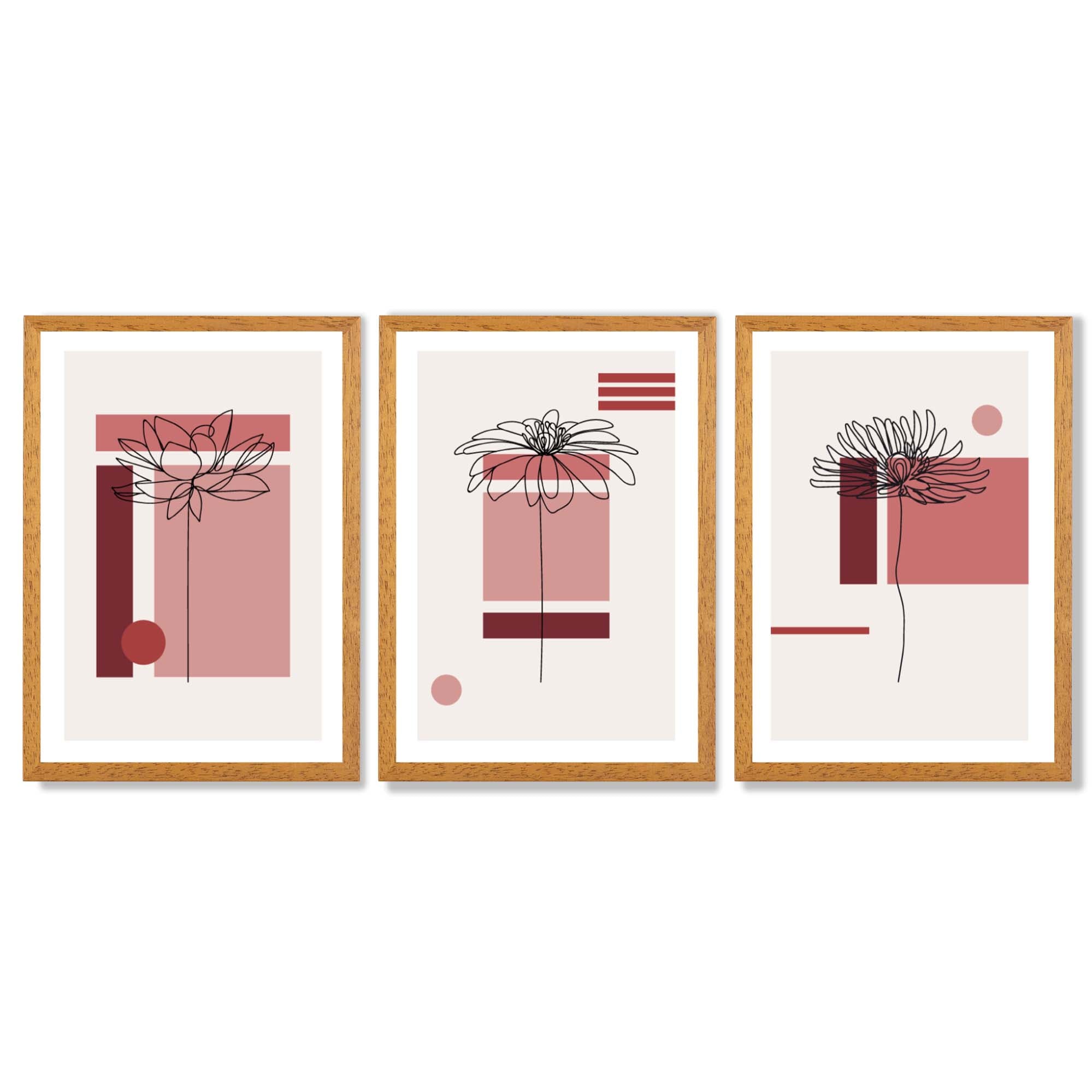 Set of 3 Sketch Flowers with Red Shades Geometric  Framed Art Prints with Oak Wooden Frames
