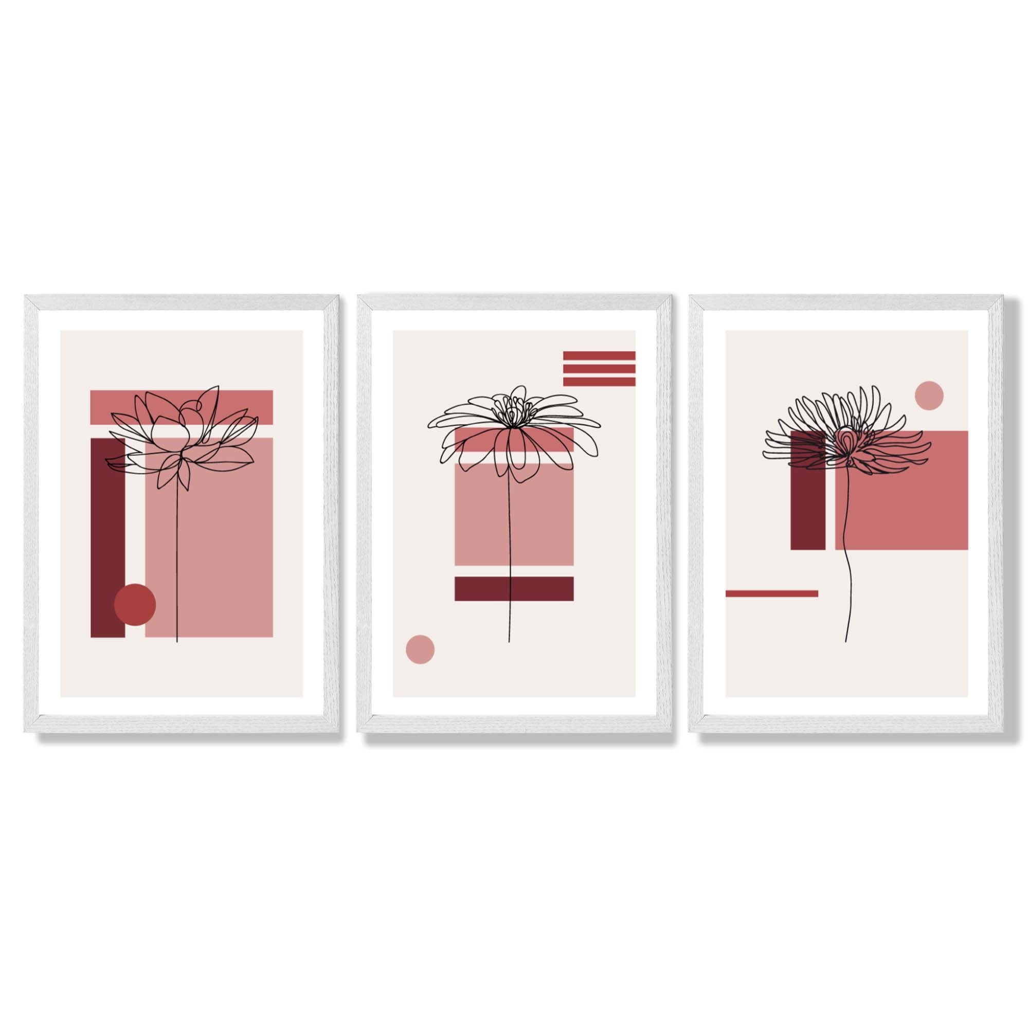Set of 3 Sketch Flowers with Red Shades Geometric  Framed Art Prints with White Wooden Frames