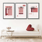 Set of 3 Sketch Flowers with Red Shades Geometric  Art Prints in Luxury Frames | Artze UK