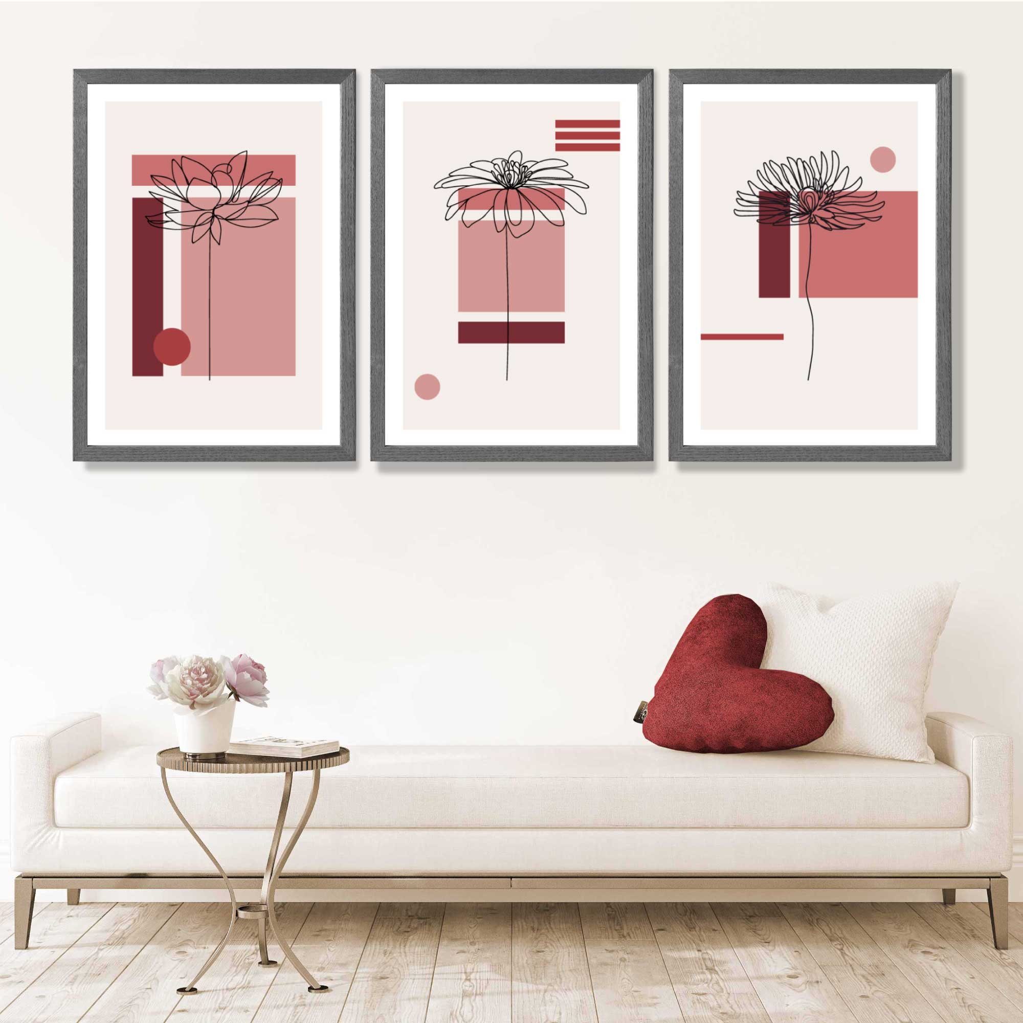 Set of 3 Sketch Flowers with Red Shades Geometric  Art Prints in Luxury Frames | Artze UK
