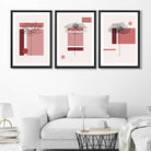 Set of 3 Sketch Flowers with Red Shades Geometric  Art Prints in Black Frames | Artze UK
