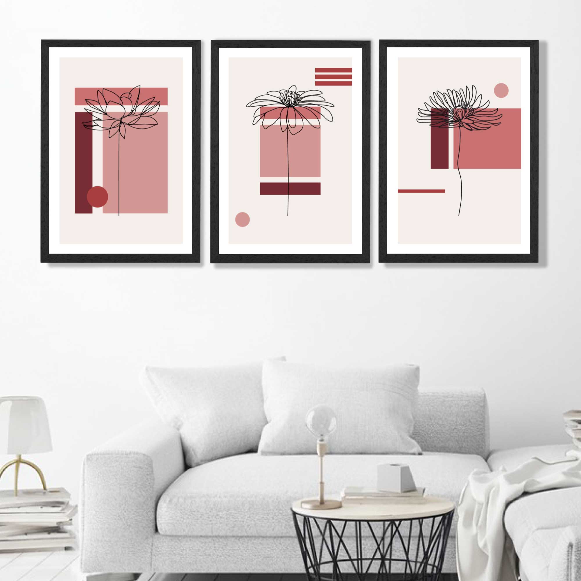 Set of 3 Sketch Flowers with Red Shades Geometric  Art Prints in Black Frames | Artze UK