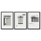 Set of 3 Sketch Flowers with Grey Shades Geometric  Framed Art Prints with Black Wooden Frames