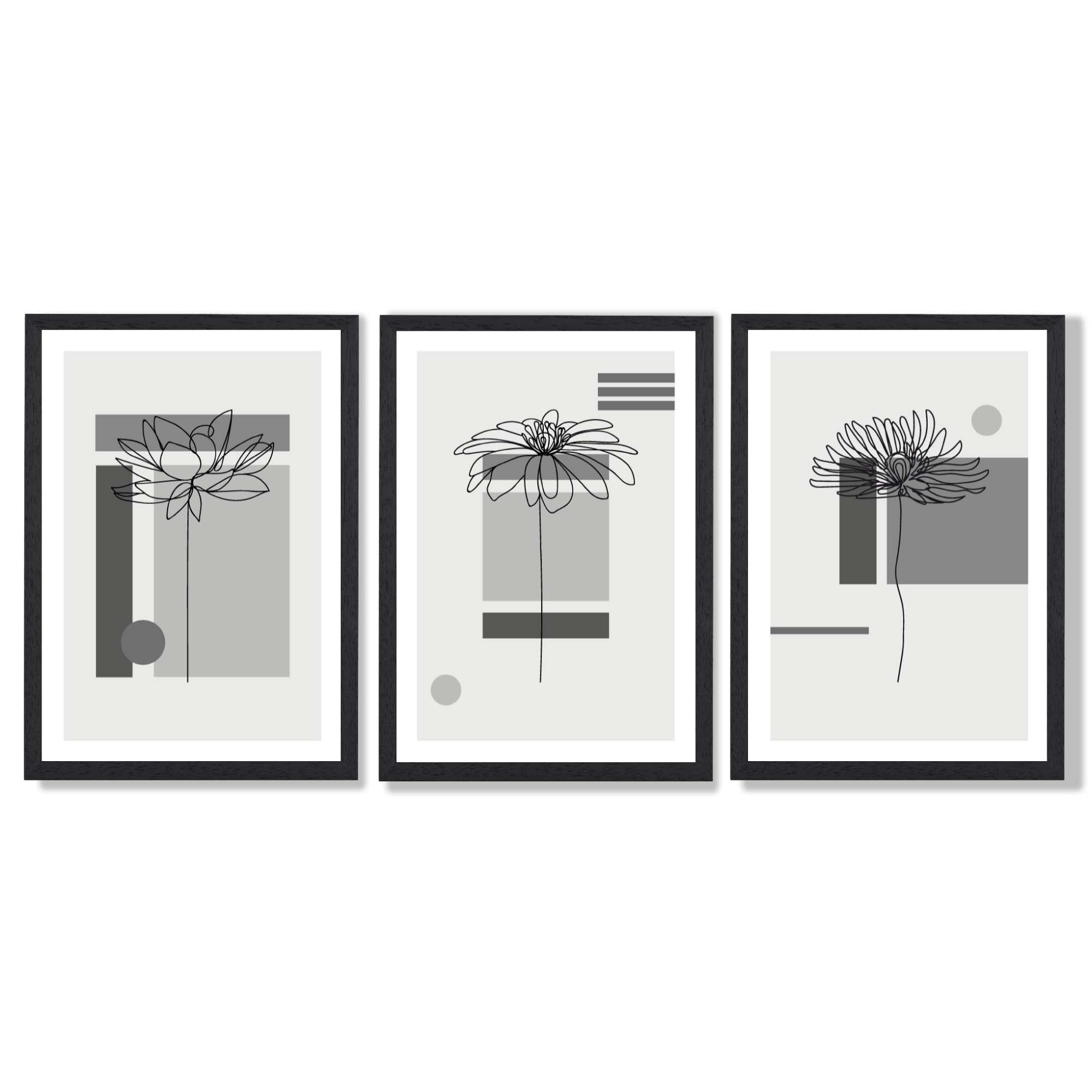 Set of 3 Sketch Flowers with Grey Shades Geometric  Framed Art Prints with Black Wooden Frames