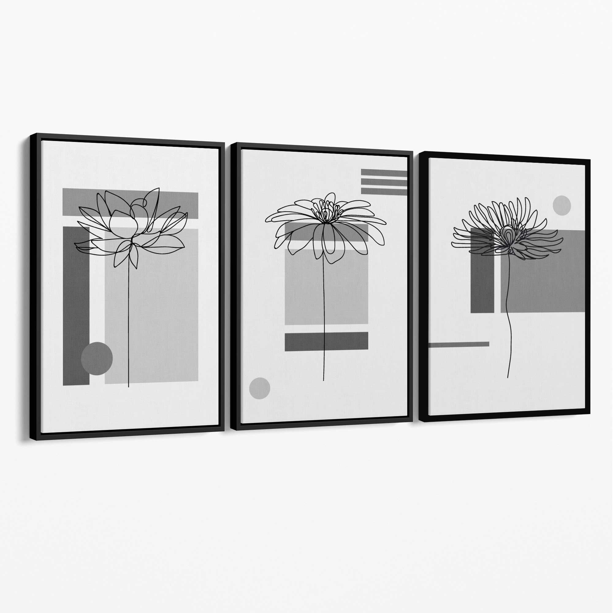 Set of 3 Sketch Flowers with Grey Shades Geometric  Canvas Art Prints with Black Float Frame