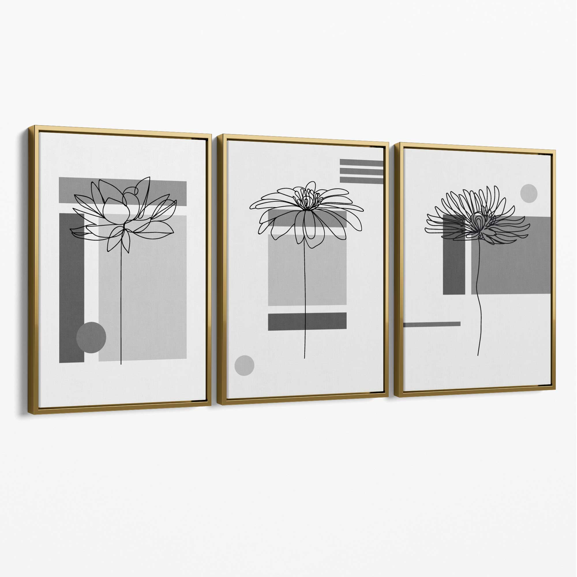 Set of 3 Sketch Flowers with Grey Shades Geometric  Canvas Art Prints with Gold Float Frame