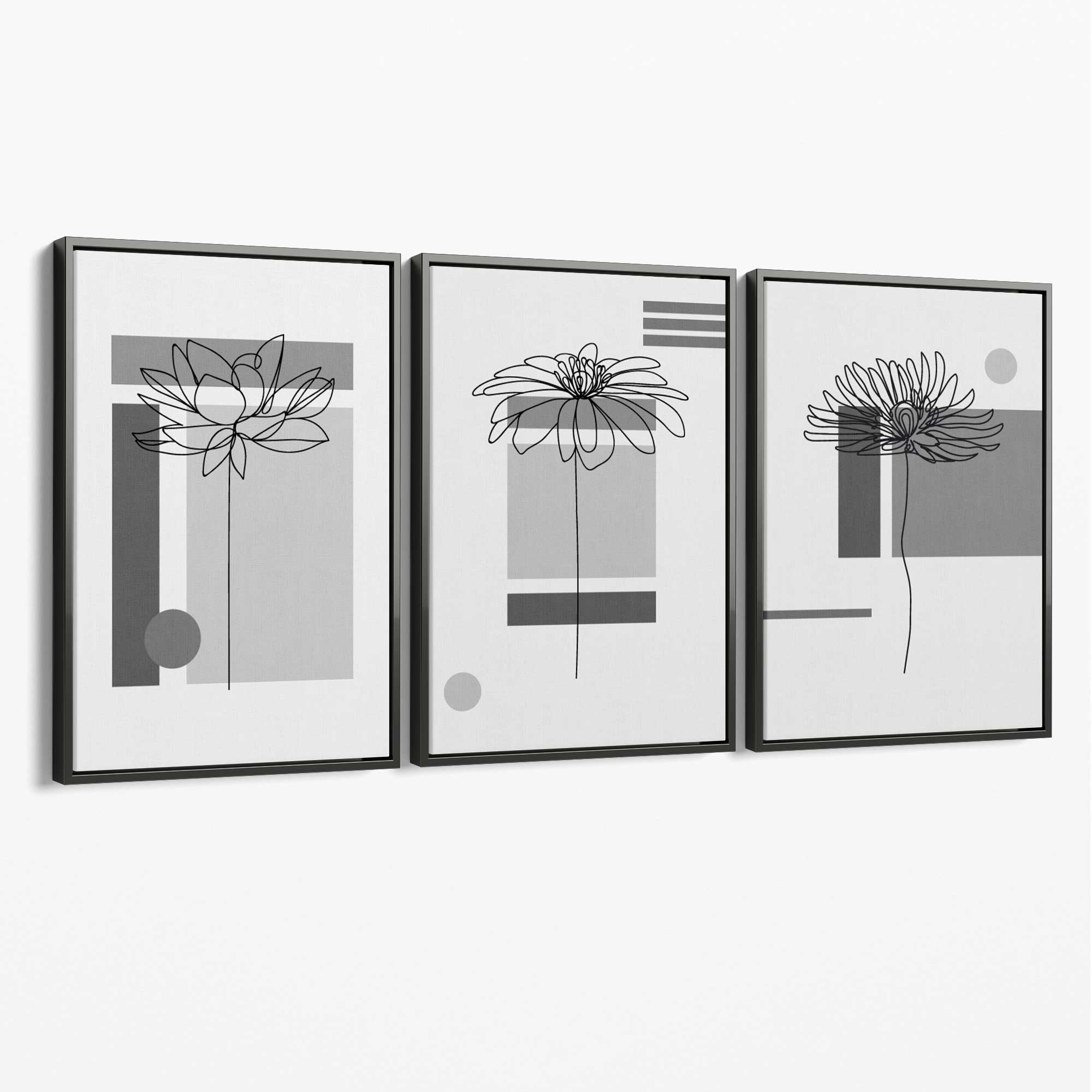Set of 3 Sketch Flowers with Grey Shades Geometric  Canvas Art Prints with Grey Float Frame