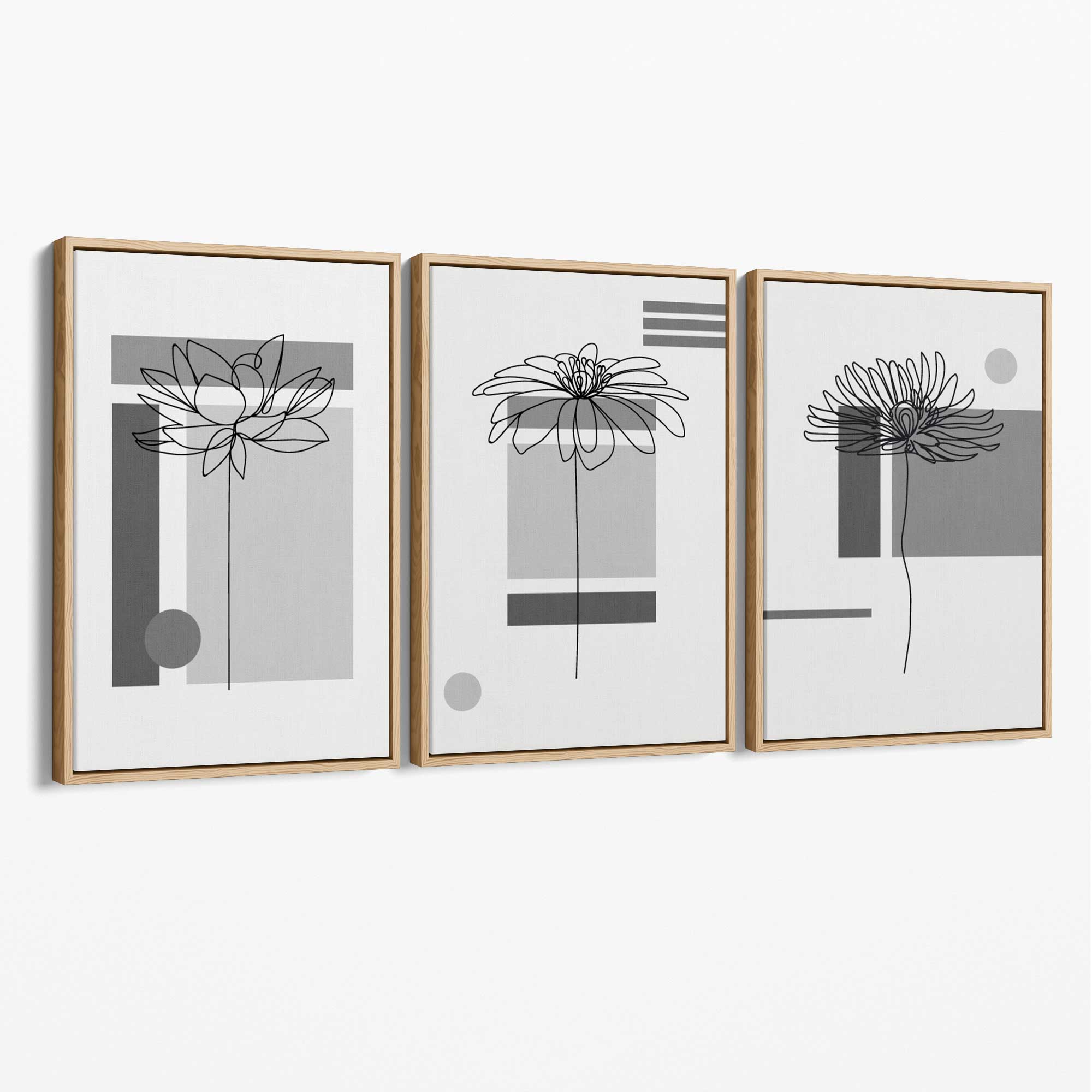 Set of 3 Sketch Flowers with Grey Shades Geometric  Canvas Art Prints with Oak Float Frame