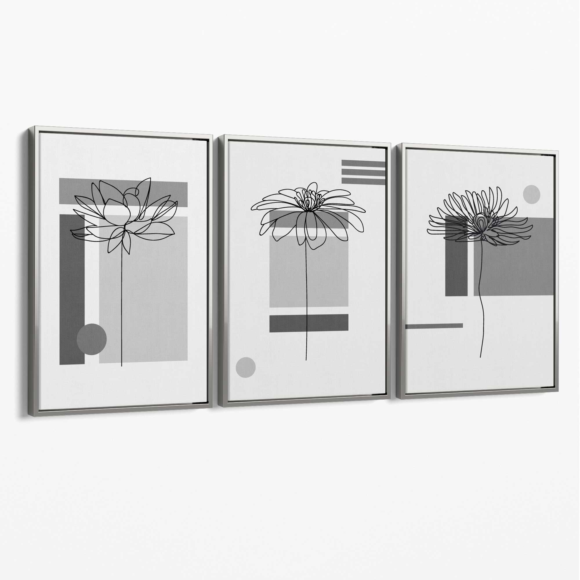 Set of 3 Sketch Flowers with Grey Shades Geometric  Canvas Art Prints with Silver Float Frame