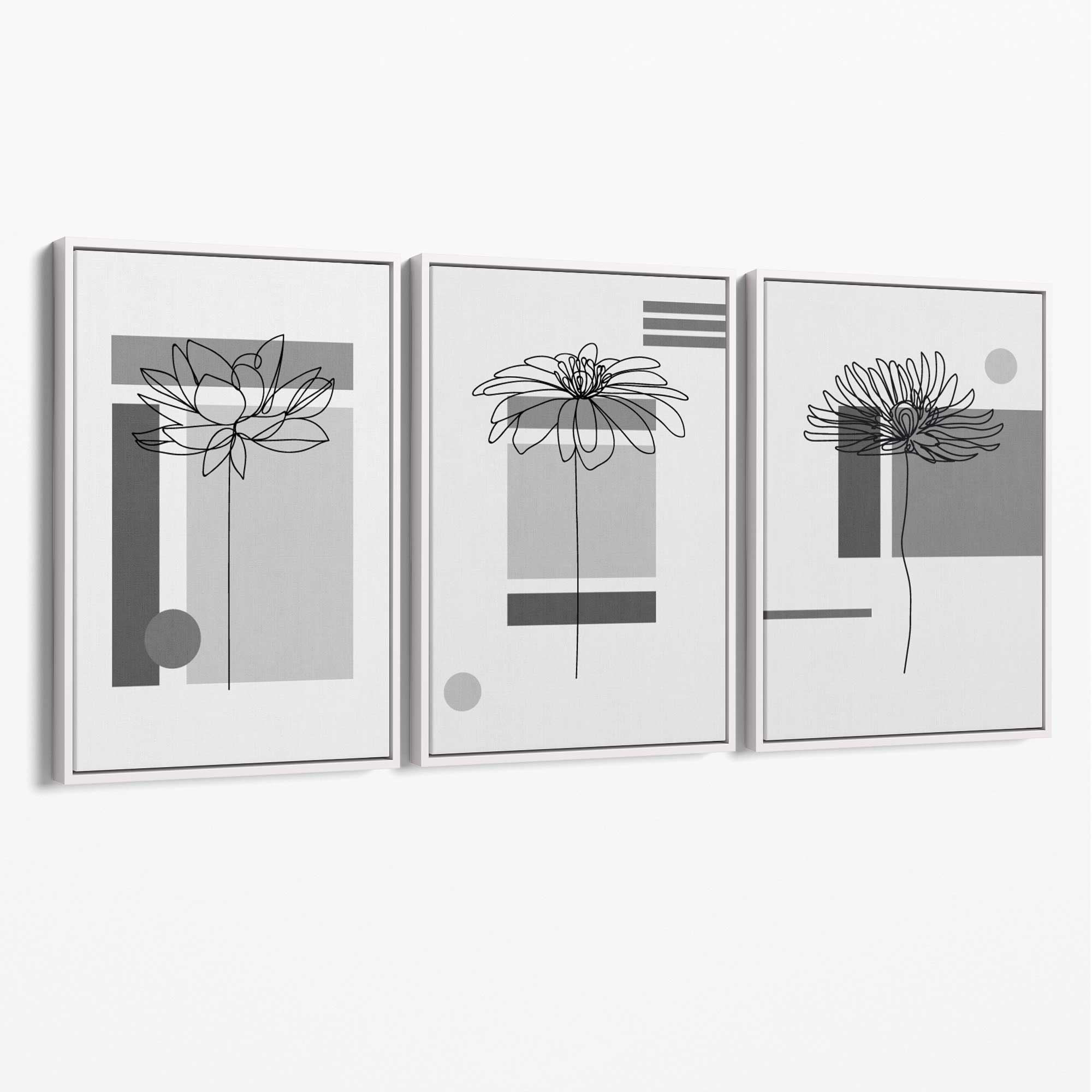 Set of 3 Sketch Flowers with Grey Shades Geometric  Canvas Art Prints with White Float Frame