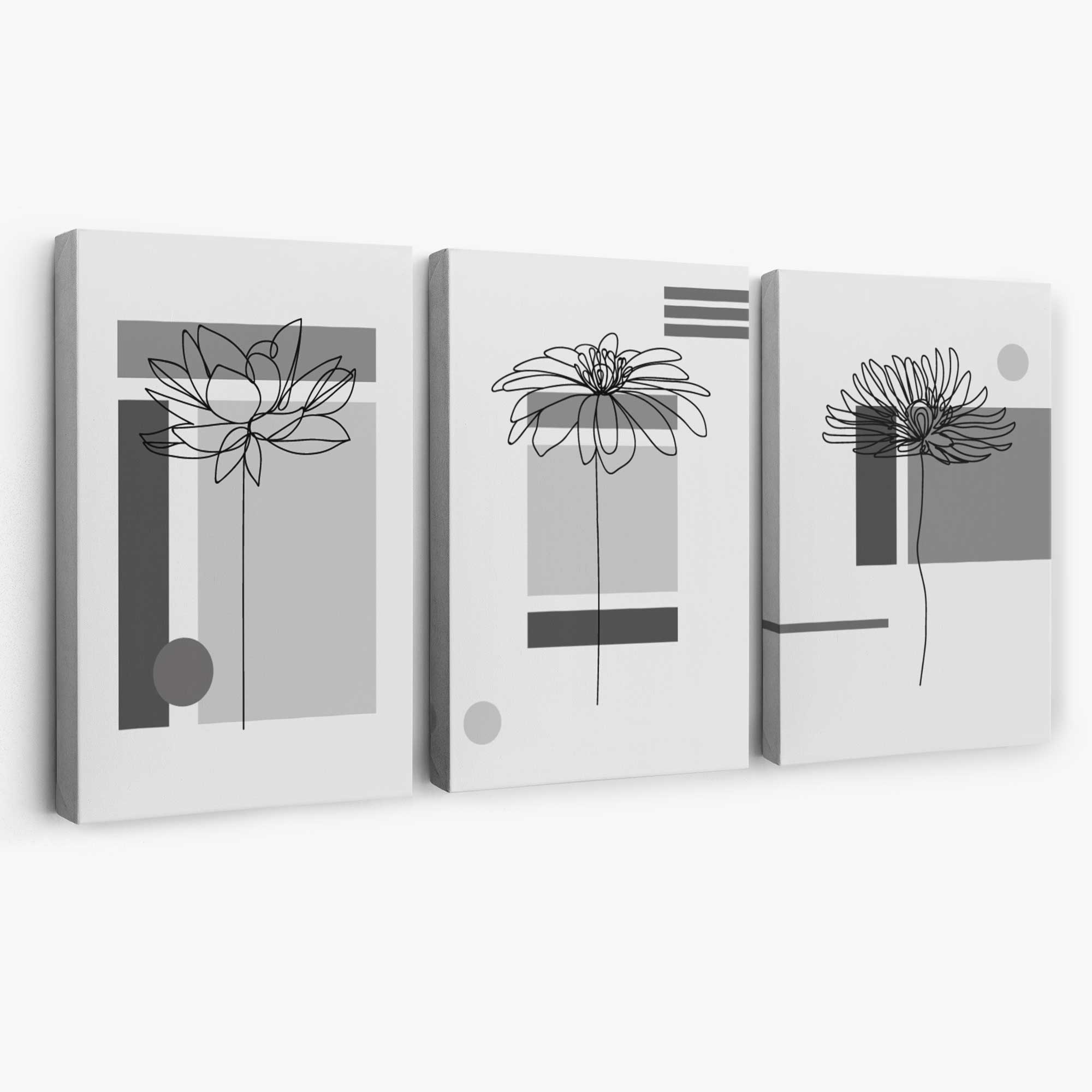 Set of 3 Sketch Flowers with Grey Shades Geometric  Canvas Art Prints | Artze Wall Art