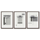 Set of 3 Sketch Flowers with Grey Shades Geometric  Framed Art Prints with Dark Wood Frames