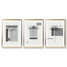Set of 3 Sketch Flowers with Grey Shades Geometric  Framed Art Prints with Gold Wood Frames
