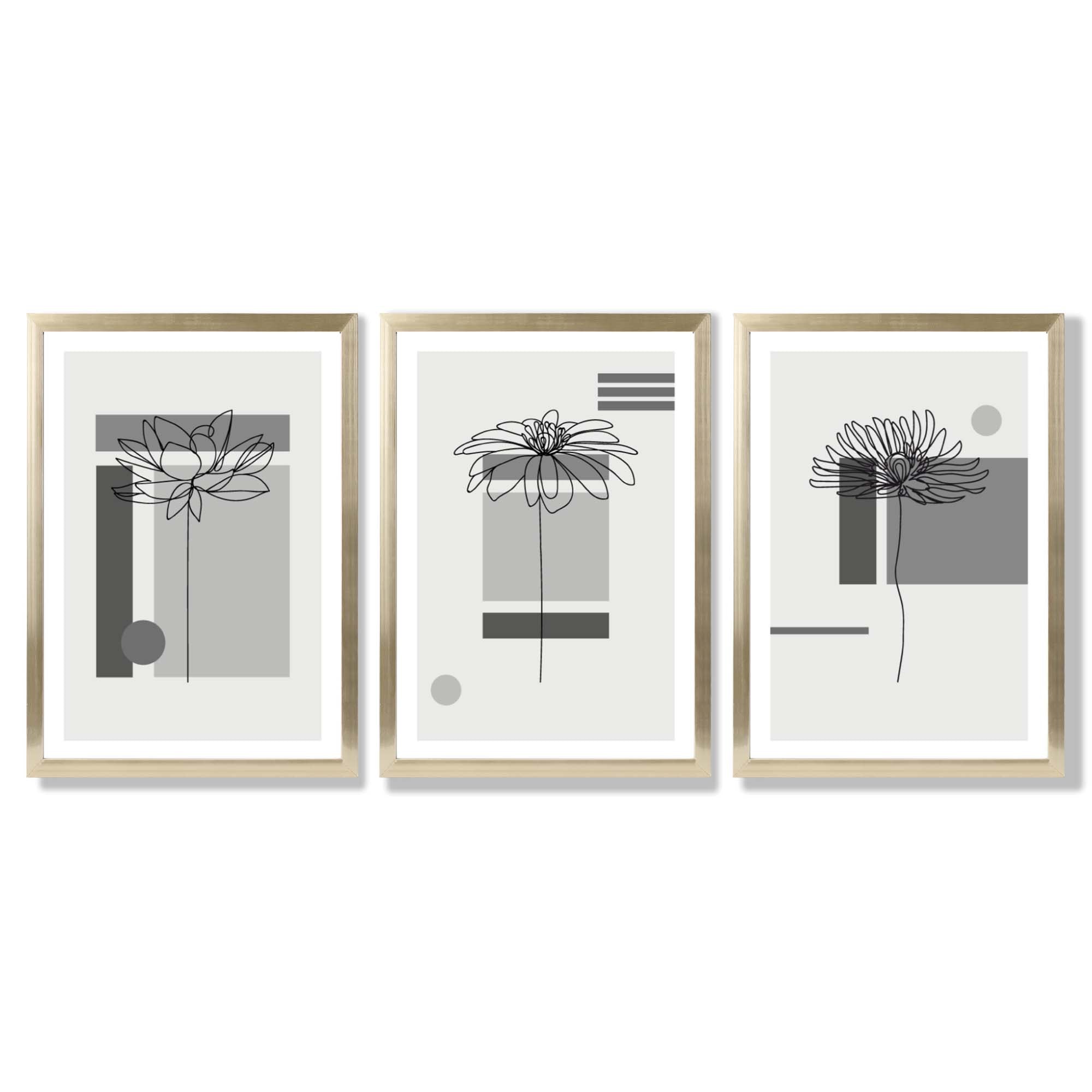 Set of 3 Sketch Flowers with Grey Shades Geometric  Framed Art Prints with Gold Wood Frames