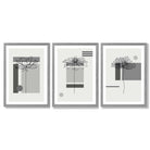 Set of 3 Sketch Flowers with Grey Shades Geometric  Framed Art Prints with Light Grey Wooden Frames