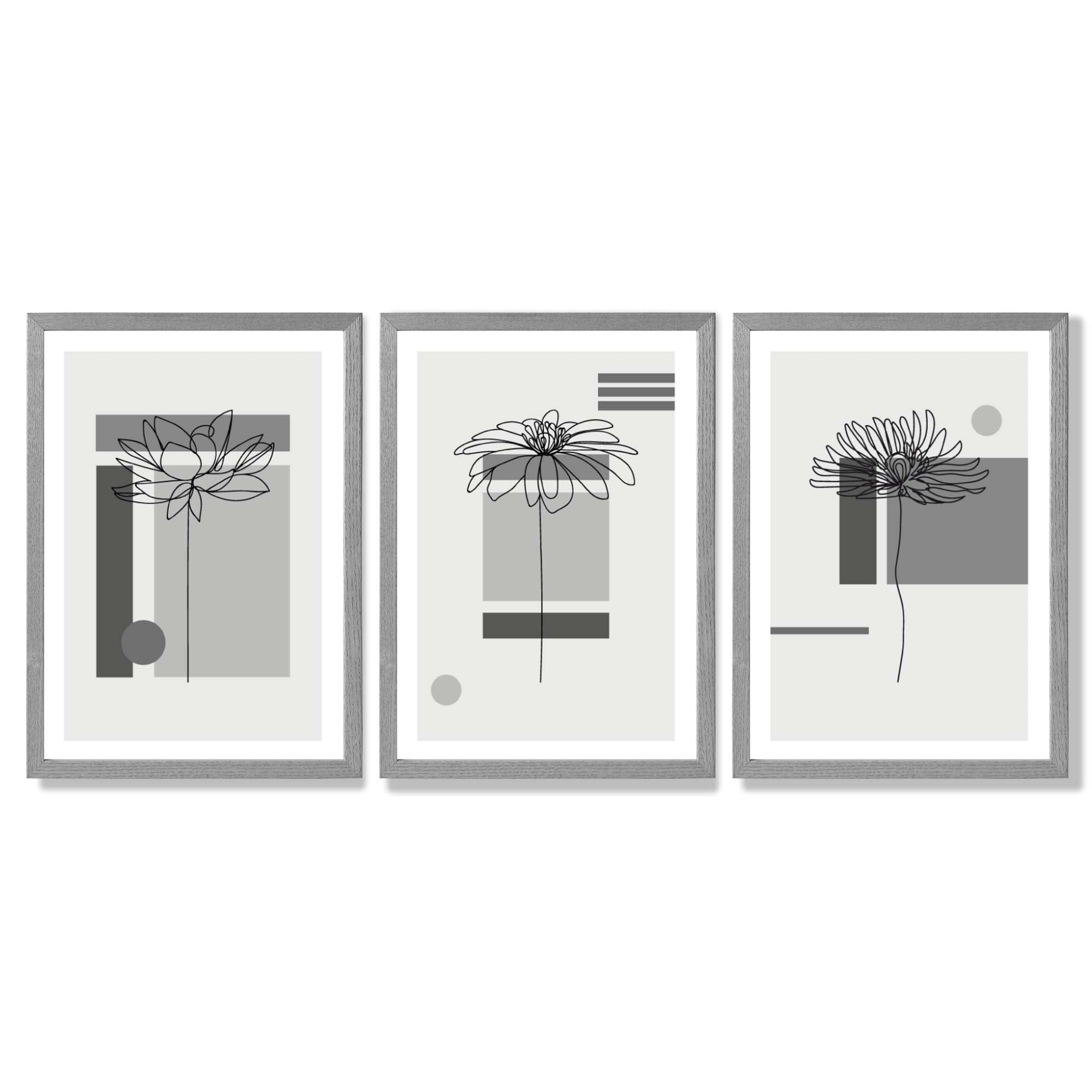 Set of 3 Sketch Flowers with Grey Shades Geometric  Framed Art Prints with Light Grey Wooden Frames