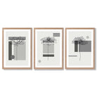 Set of 3 Sketch Flowers with Grey Shades Geometric  Framed Art Prints with Light Oak Frames