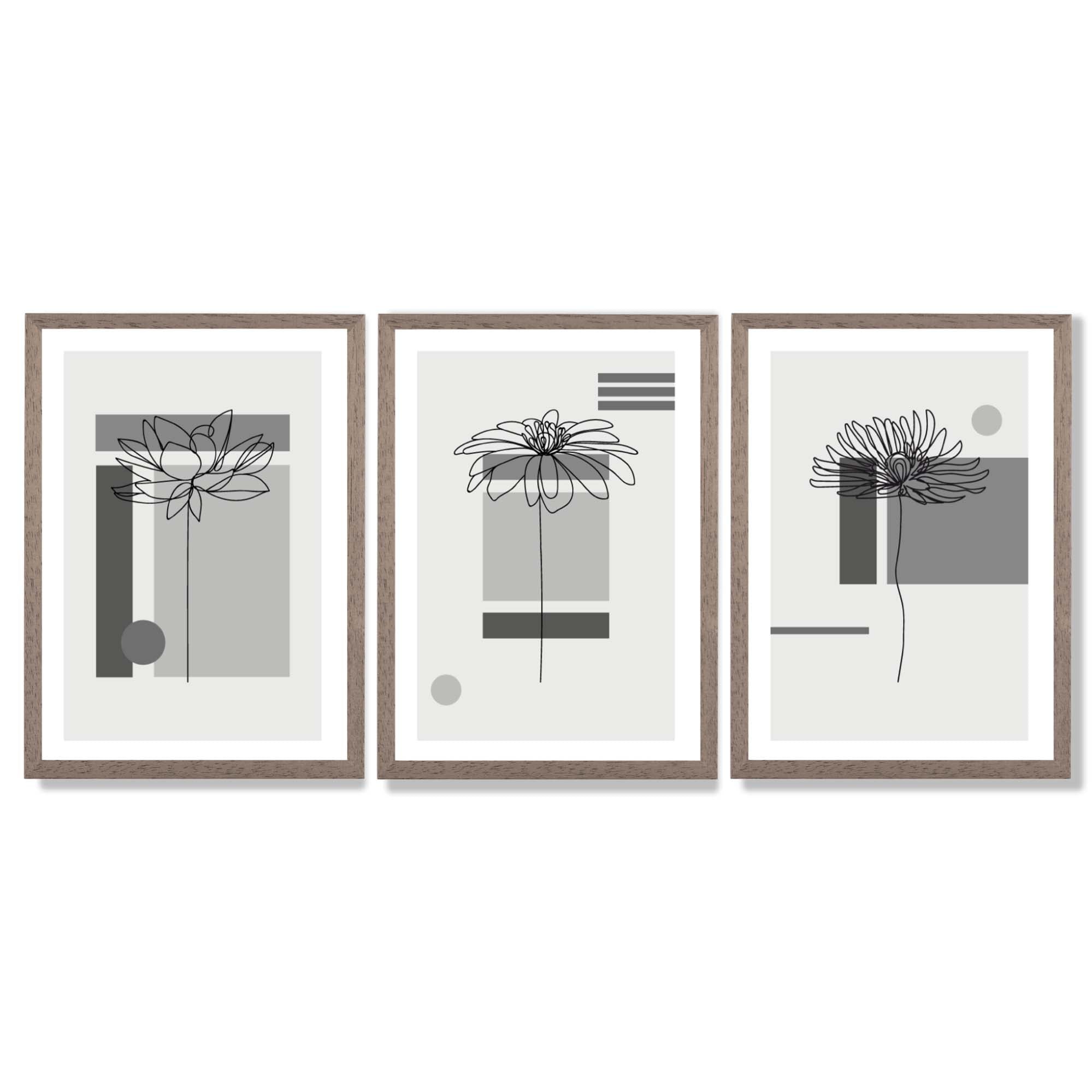Set of 3 Sketch Flowers with Grey Shades Geometric  Framed Art Prints with Light Walnut Frames