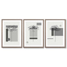 Set of 3 Sketch Flowers with Grey Shades Geometric  Framed Art Prints with Light Walnut Frames