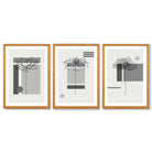 Set of 3 Sketch Flowers with Grey Shades Geometric  Framed Art Prints with Oak Wooden Frames