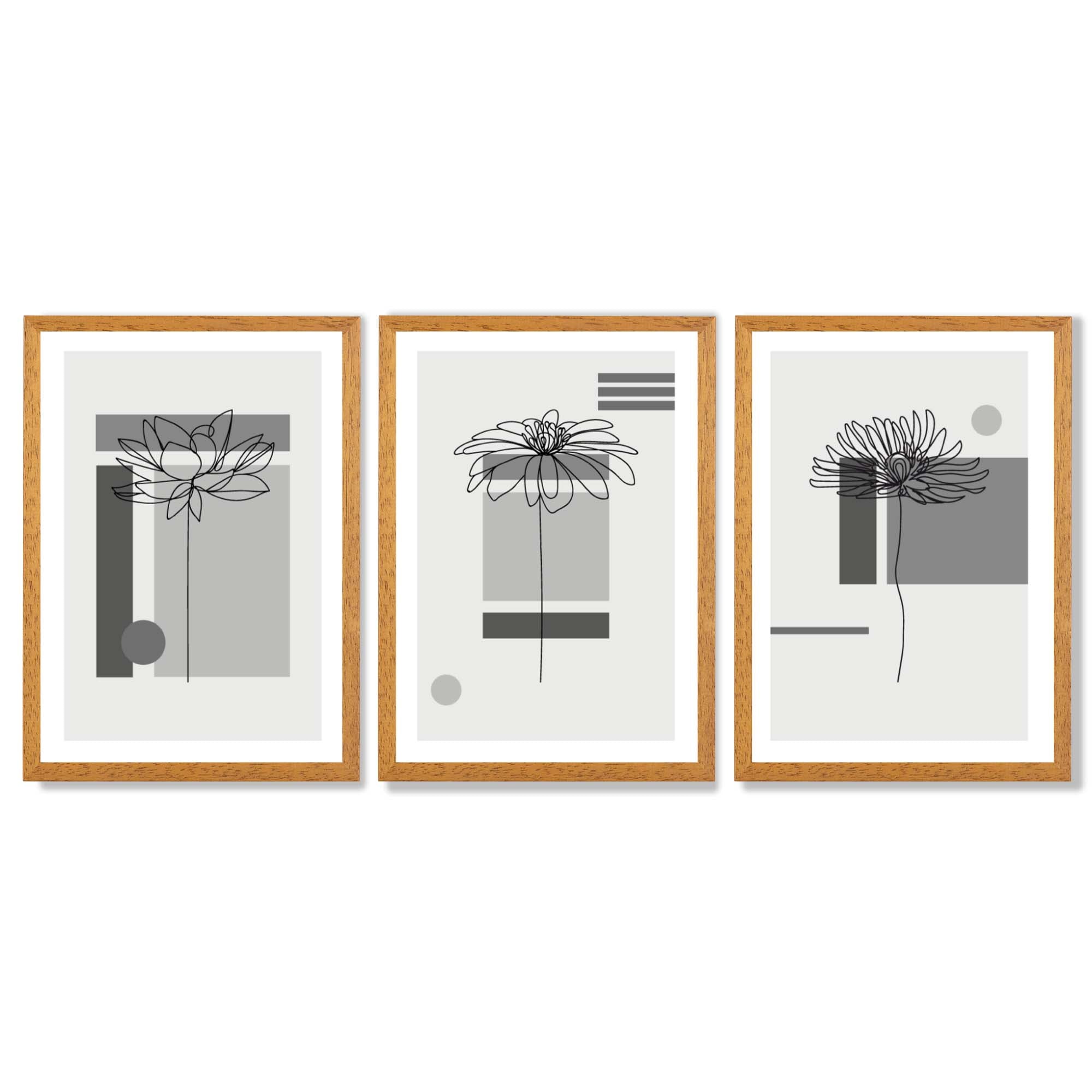 Set of 3 Sketch Flowers with Grey Shades Geometric  Framed Art Prints with Oak Wooden Frames