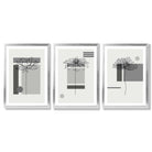 Set of 3 Sketch Flowers with Grey Shades Geometric  Framed Art Prints with Silver Wood Frames