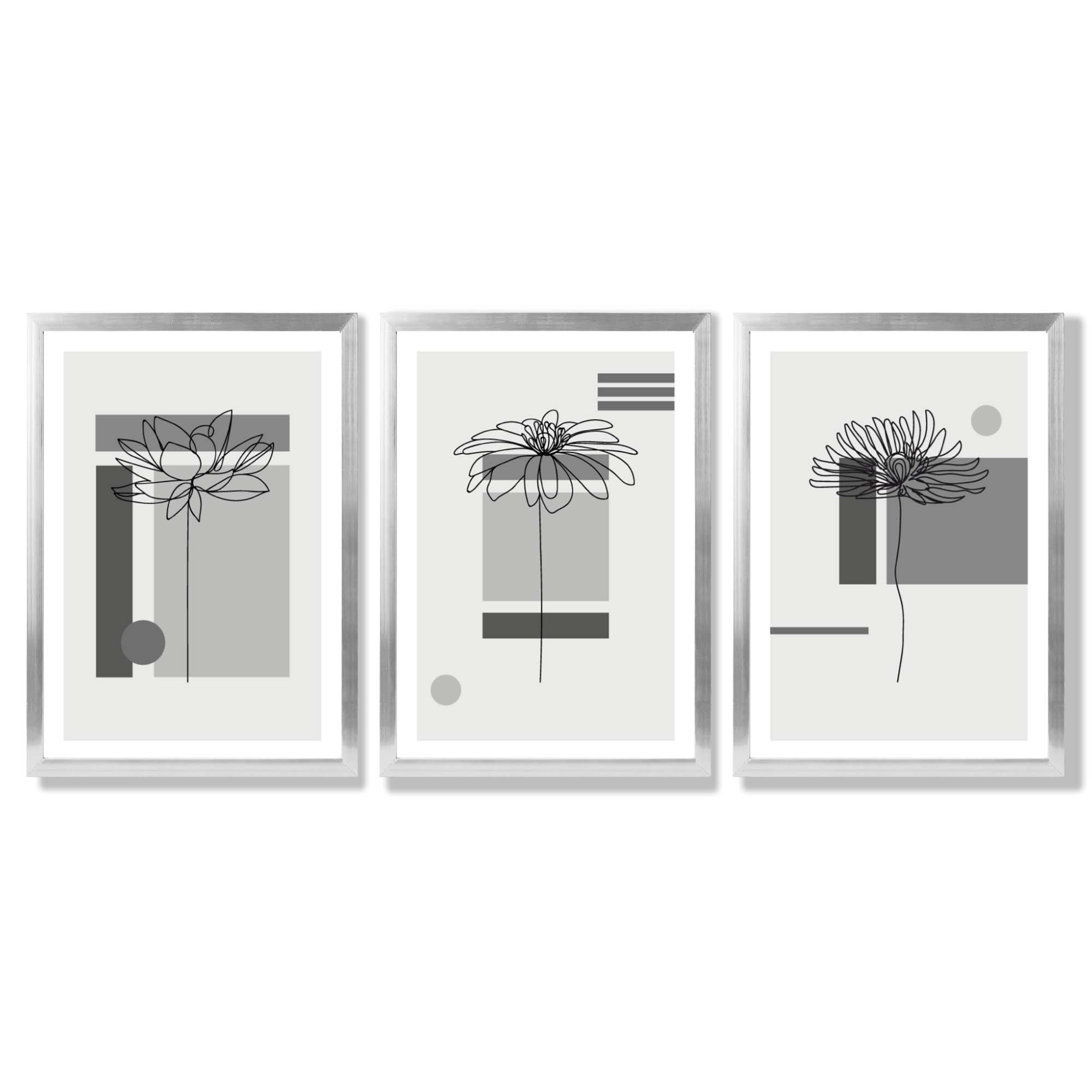 Set of 3 Sketch Flowers with Grey Shades Geometric  Framed Art Prints with Silver Wood Frames