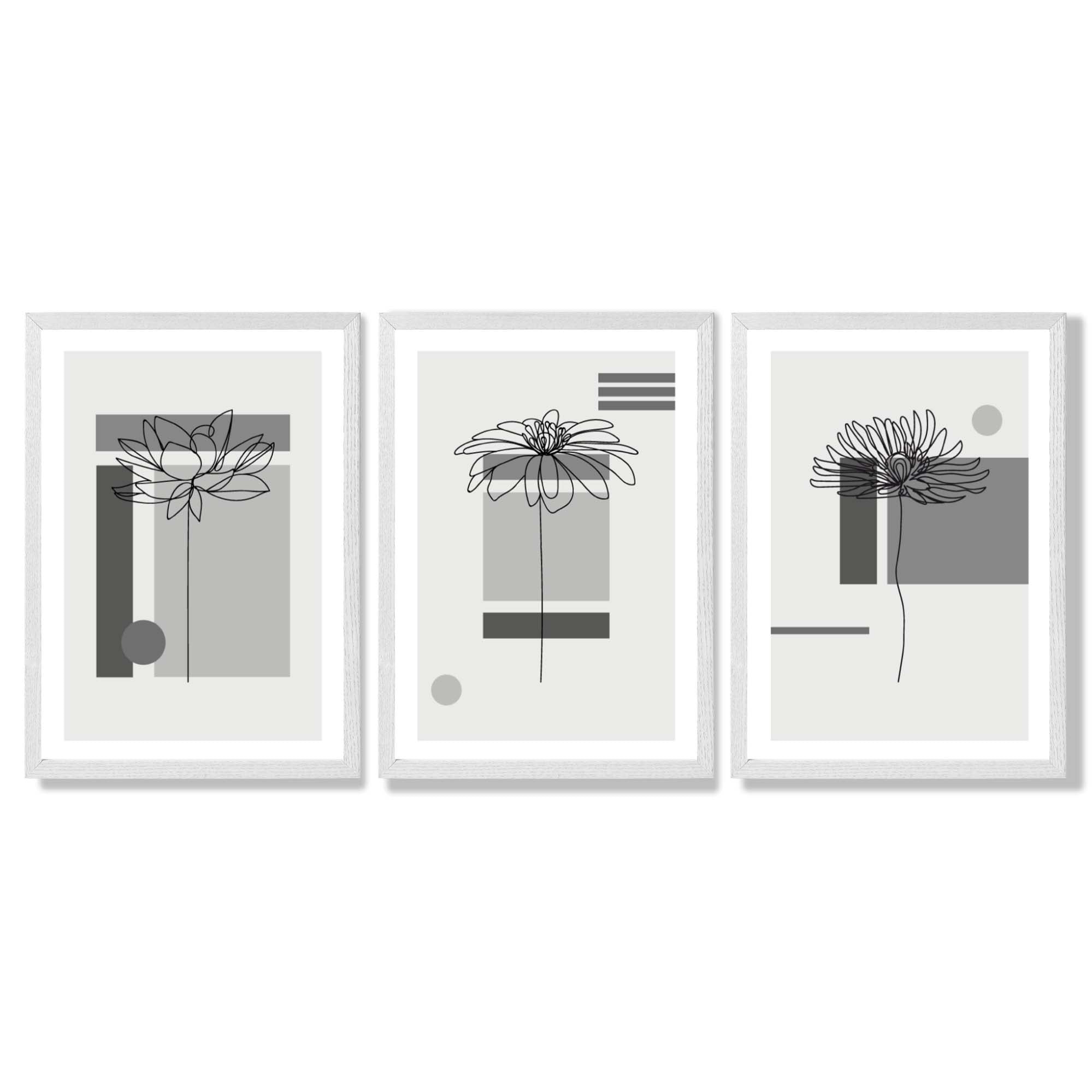 Set of 3 Sketch Flowers with Grey Shades Geometric  Framed Art Prints with White Wooden Frames