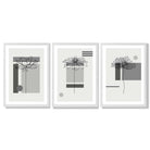 Set of 3 Sketch Flowers with Grey Shades Geometric  Framed Art Prints with White Wooden Frames
