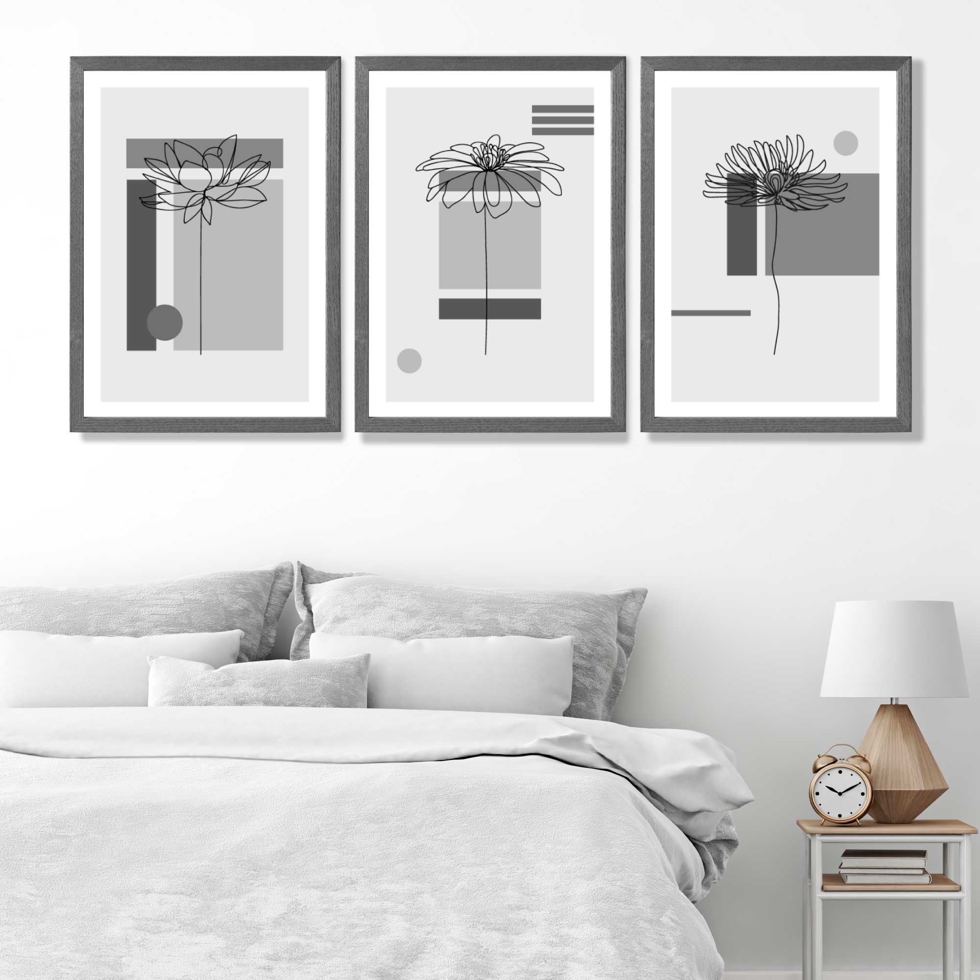 Set of 3 Sketch Flowers with Grey Shades Geometric  Art Prints in Luxury Frames | Artze UK
