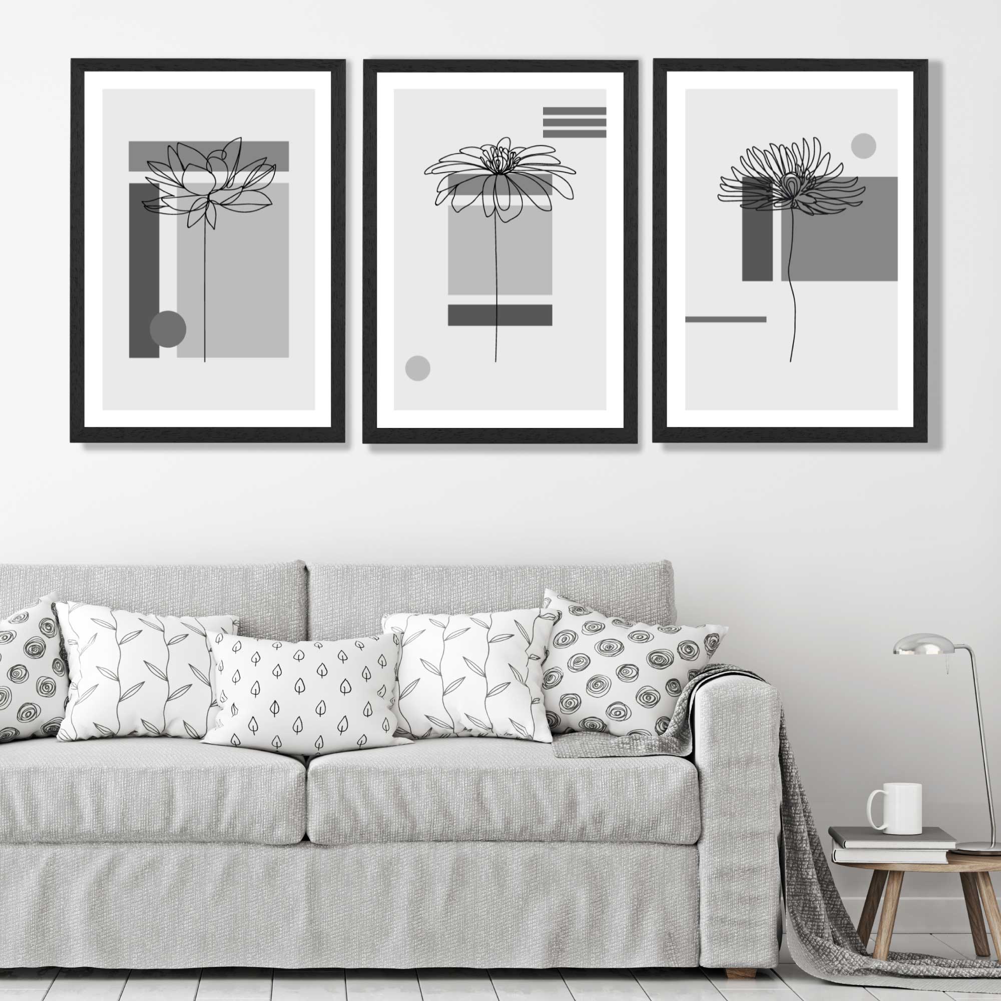 Set of 3 Sketch Flowers with Grey Shades Geometric  Art Prints in Black Frames | Artze UK