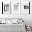 Set of 3 Sketch Flowers with Grey Shades Geometric  Framed Art Prints in Luxury Frames | Artze UK