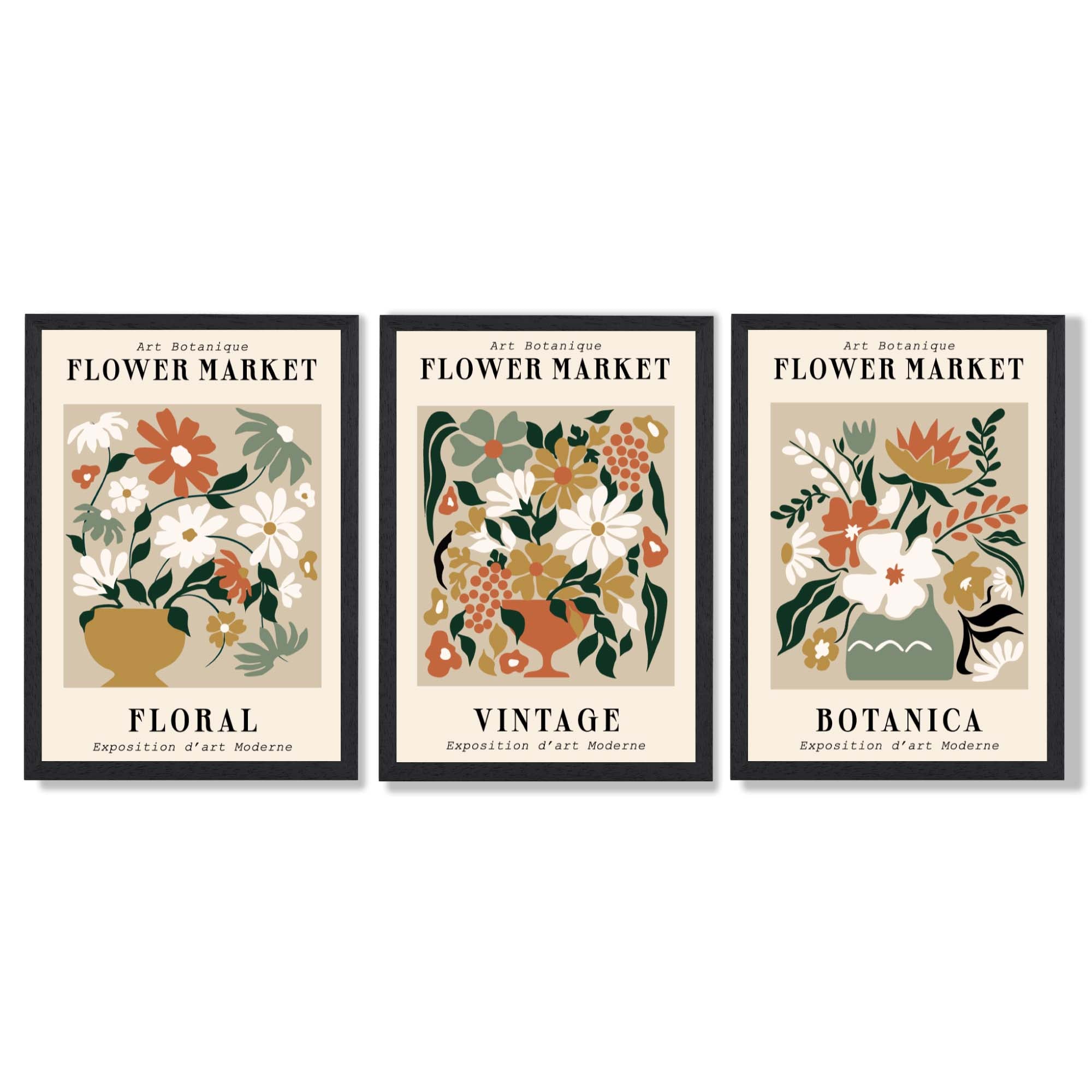Set of 3 Flower Market Vintage Botanical Framed Art Prints with Black Wooden Frames