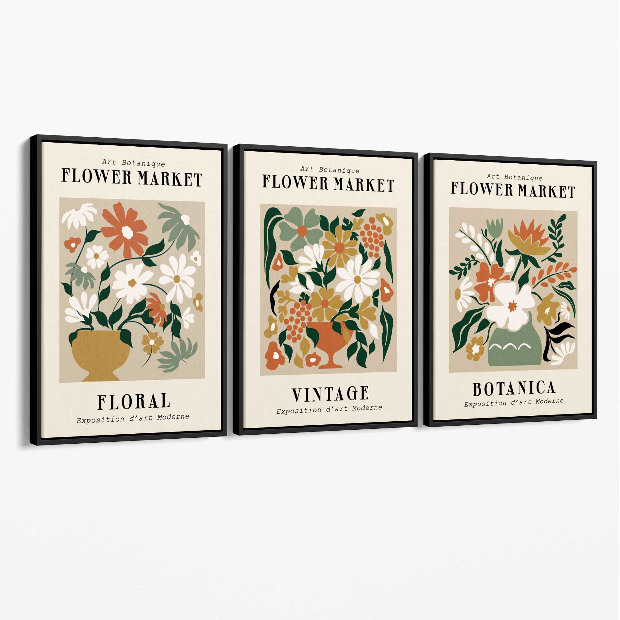 Set of 3 Flower Market Vintage Botanical Canvas Art Prints with Black Float Frame