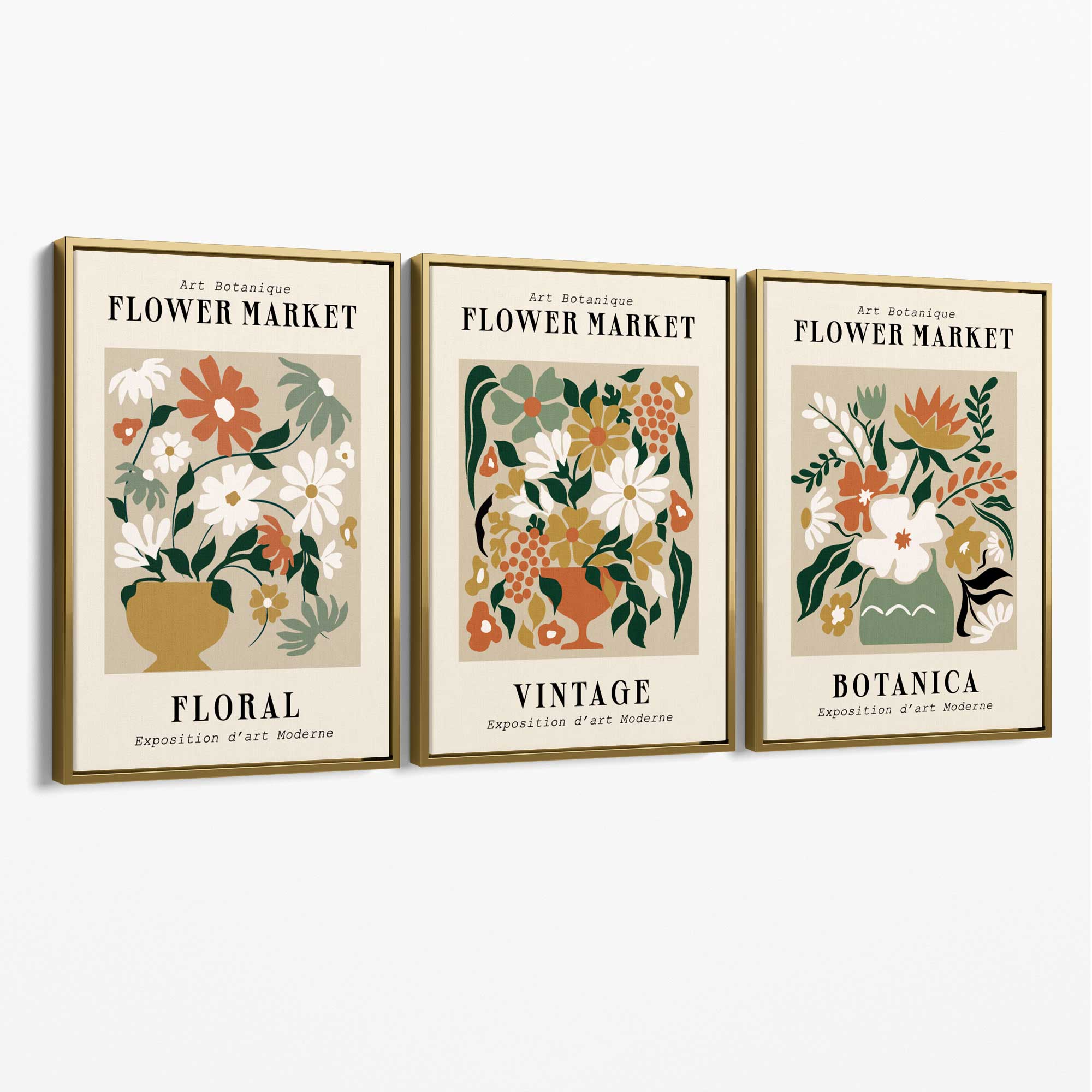 Set of 3 Flower Market Vintage Botanical Canvas Art Prints with Gold Float Frame