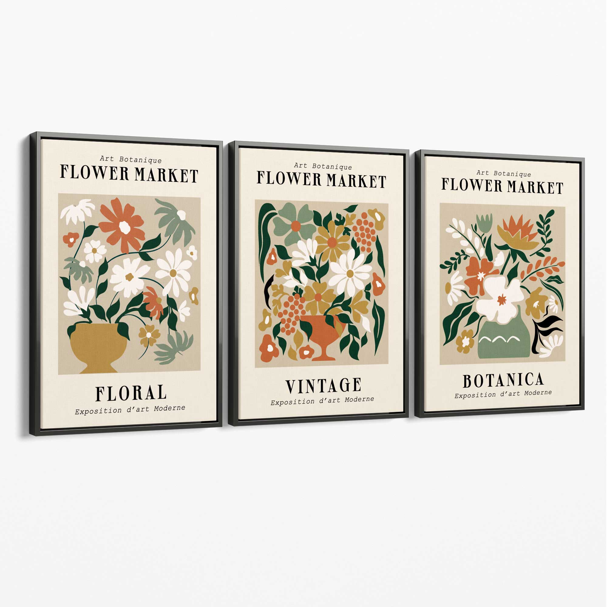 Set of 3 Flower Market Vintage Botanical Canvas Art Prints with Grey Float Frame