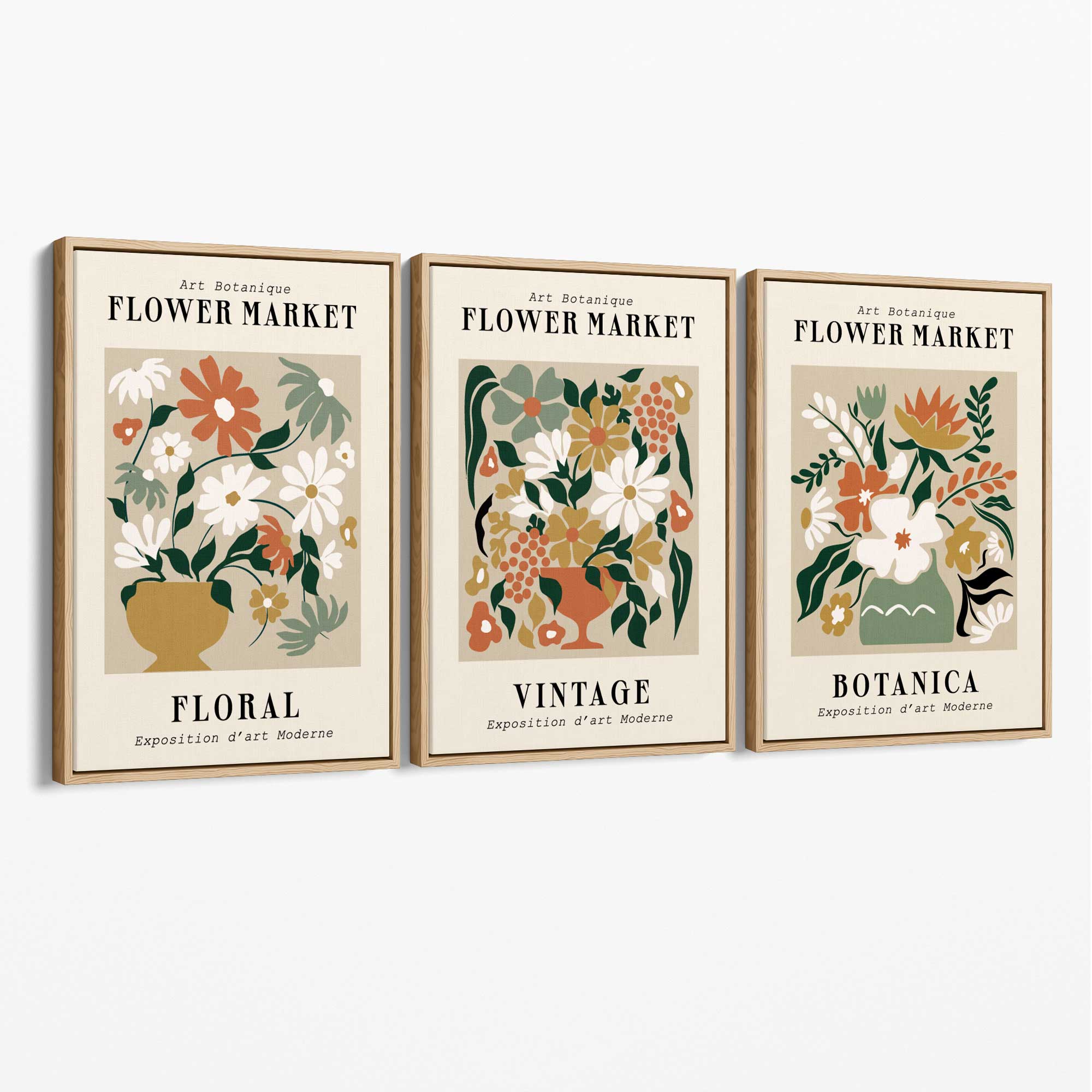 Set of 3 Flower Market Vintage Botanical Canvas Art Prints with Oak Float Frame