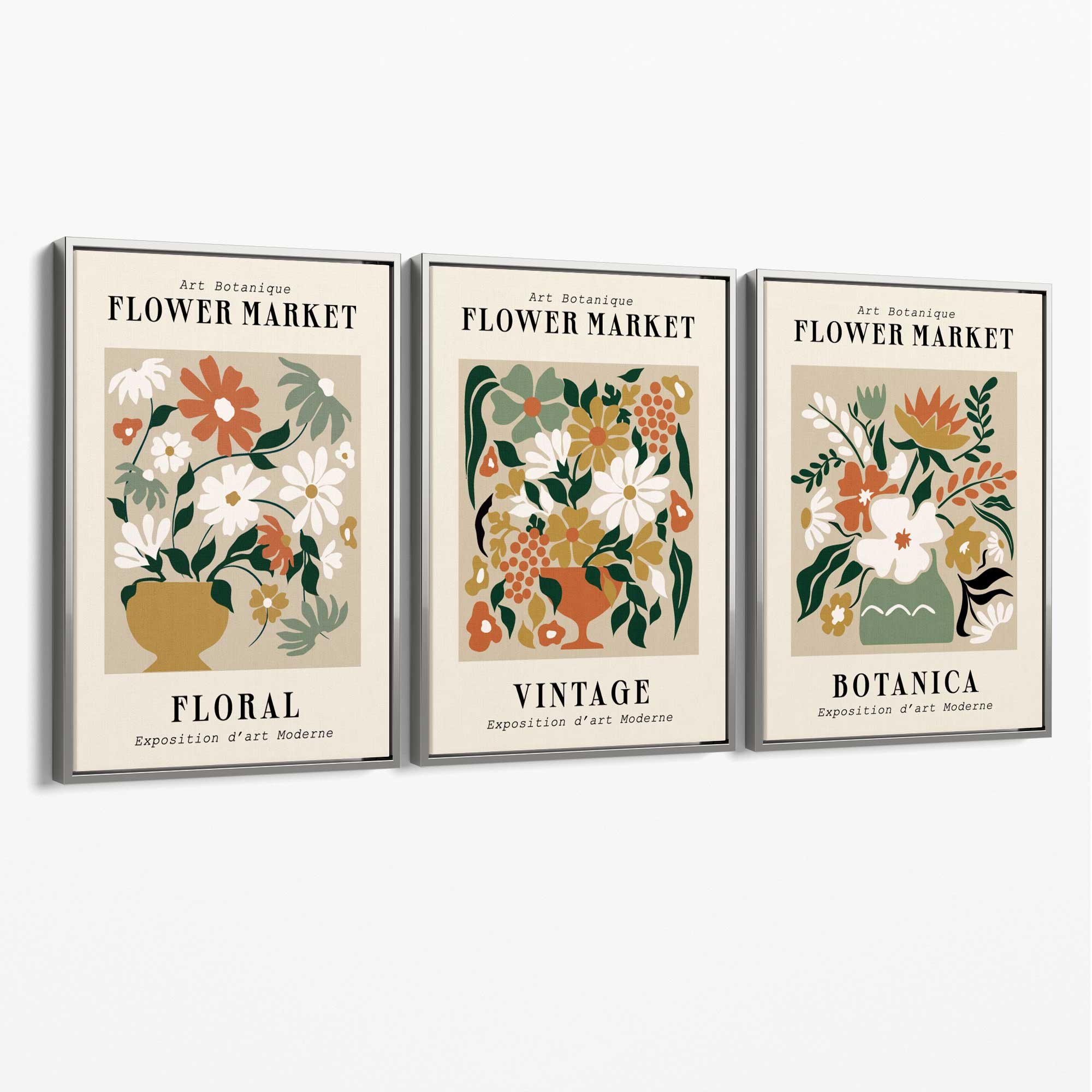 Set of 3 Flower Market Vintage Botanical Canvas Art Prints with Silver Float Frame