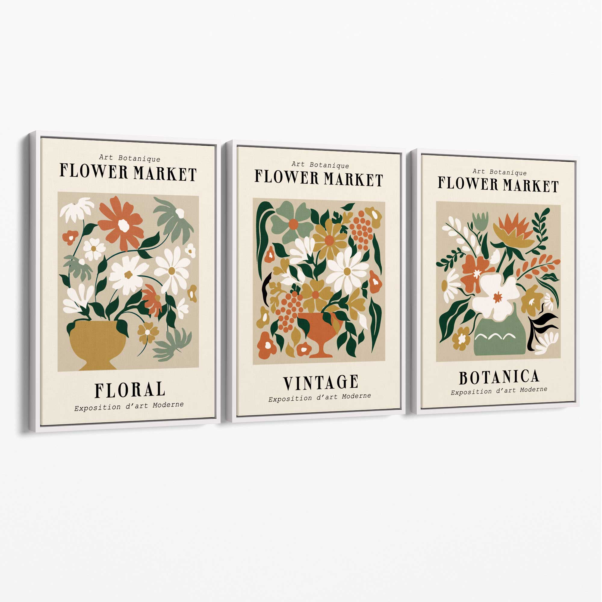 Set of 3 Flower Market Vintage Botanical Canvas Art Prints with White Float Frame
