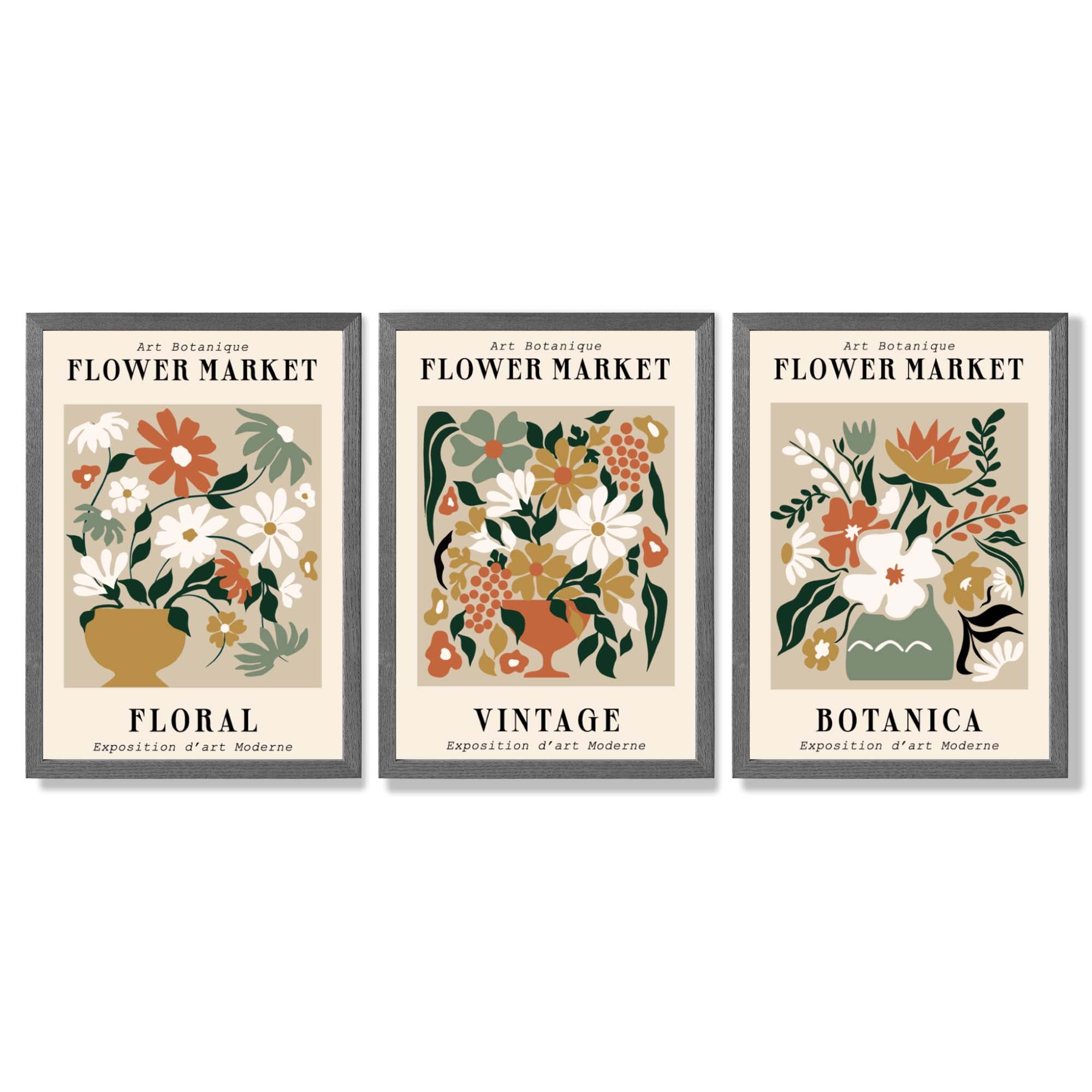 Set of 3 Flower Market Vintage Botanical Framed Art Prints with Dark Grey Wooden Frames