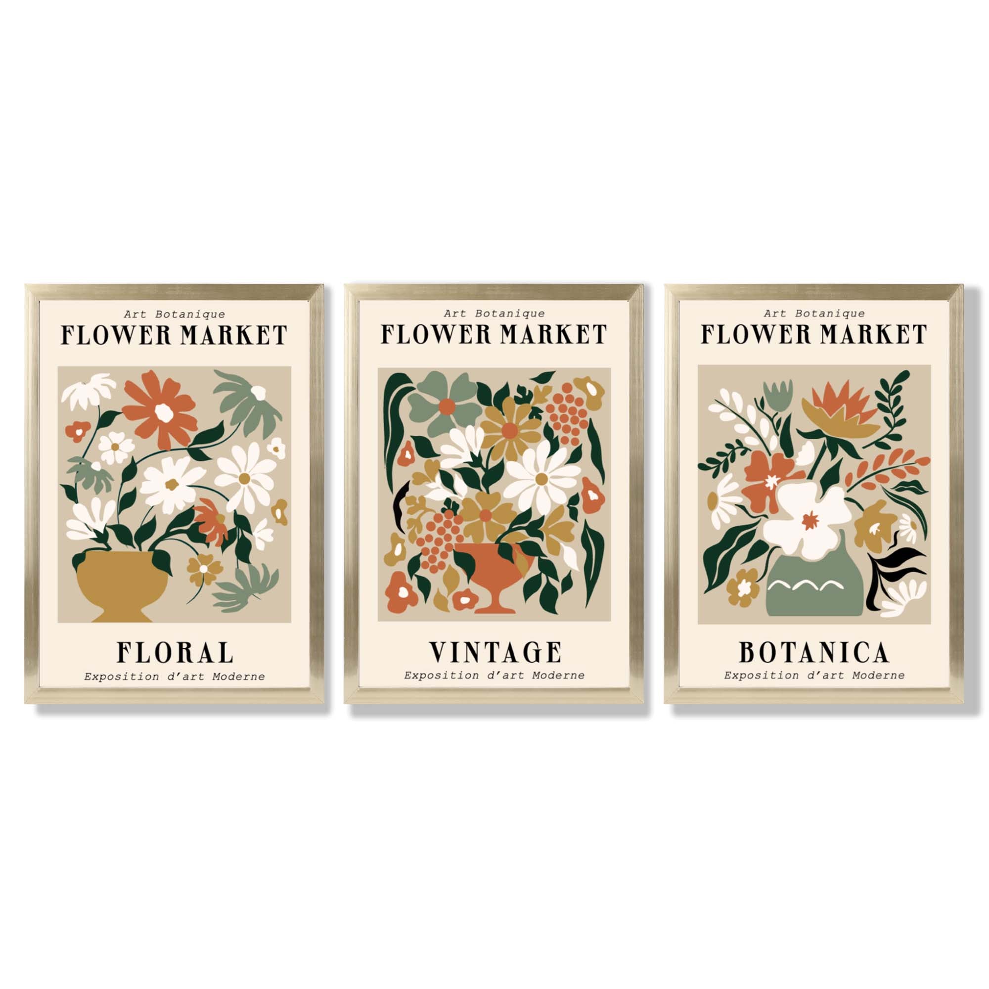 Set of 3 Flower Market Vintage Botanical Framed Art Prints with Gold Wood Frames