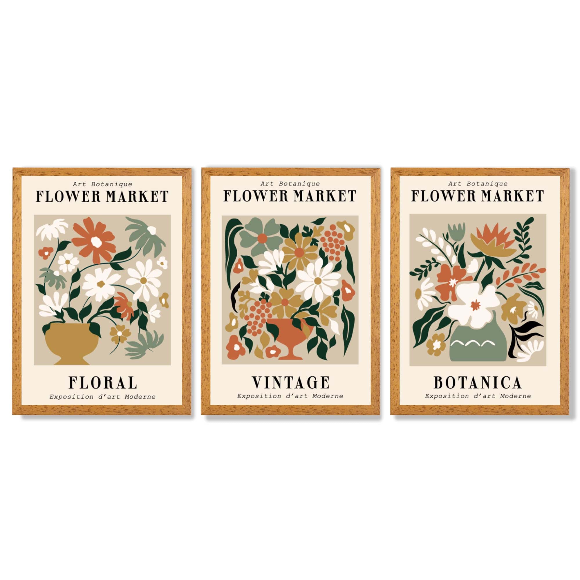 Set of 3 Flower Market Vintage Botanical Framed Art Prints with Oak Wooden Frames
