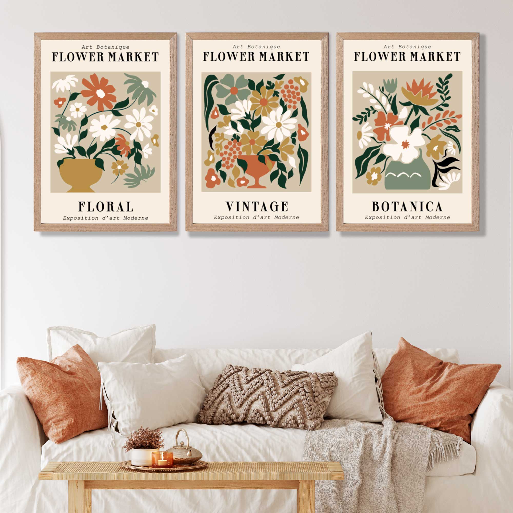 Set of 3 Flower Market Vintage Botanical Art Prints in Oak Frames | Artze UK