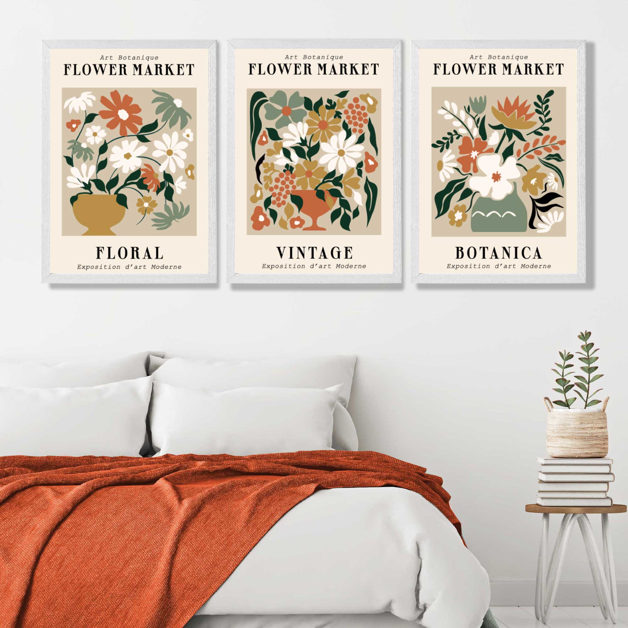 Set of 3 Flower Market Vintage Botanical Art Prints in White Frames | Artze UK