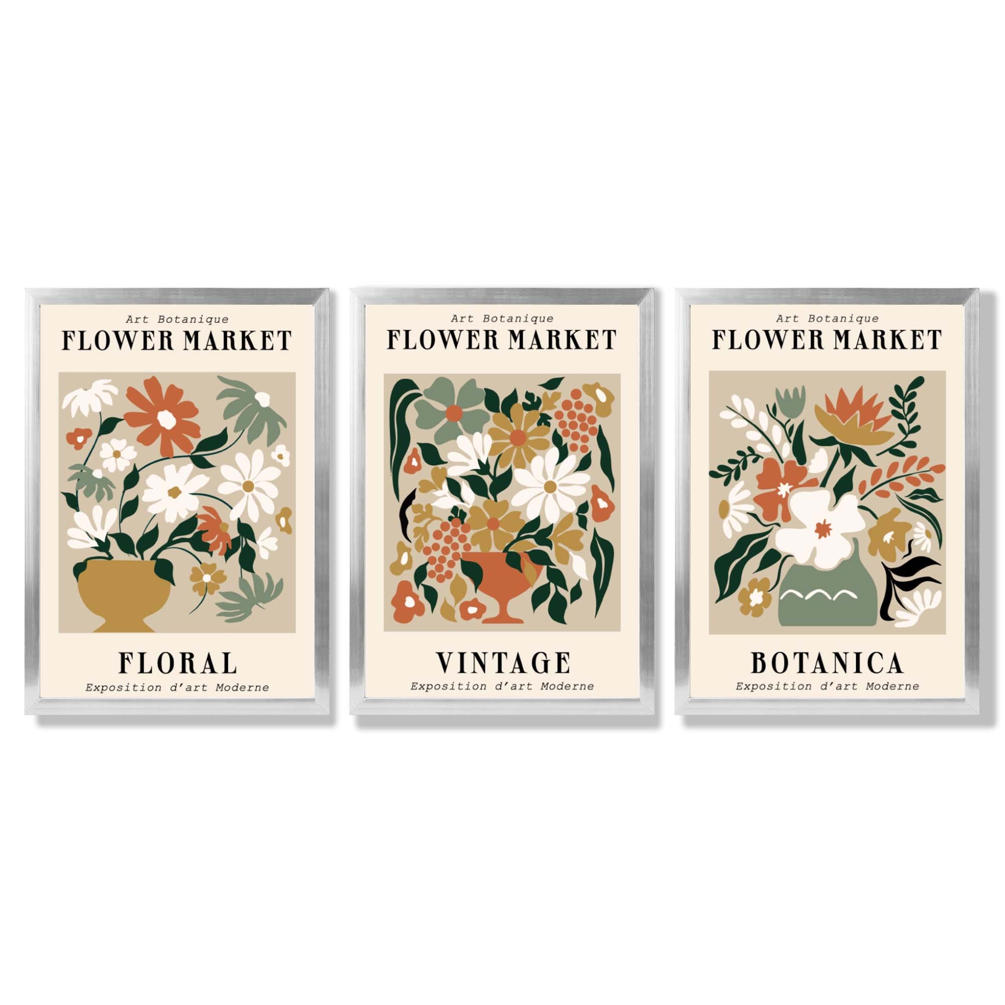 Set of 3 Flower Market Vintage Botanical Framed Art Prints with Silver Wood Frames